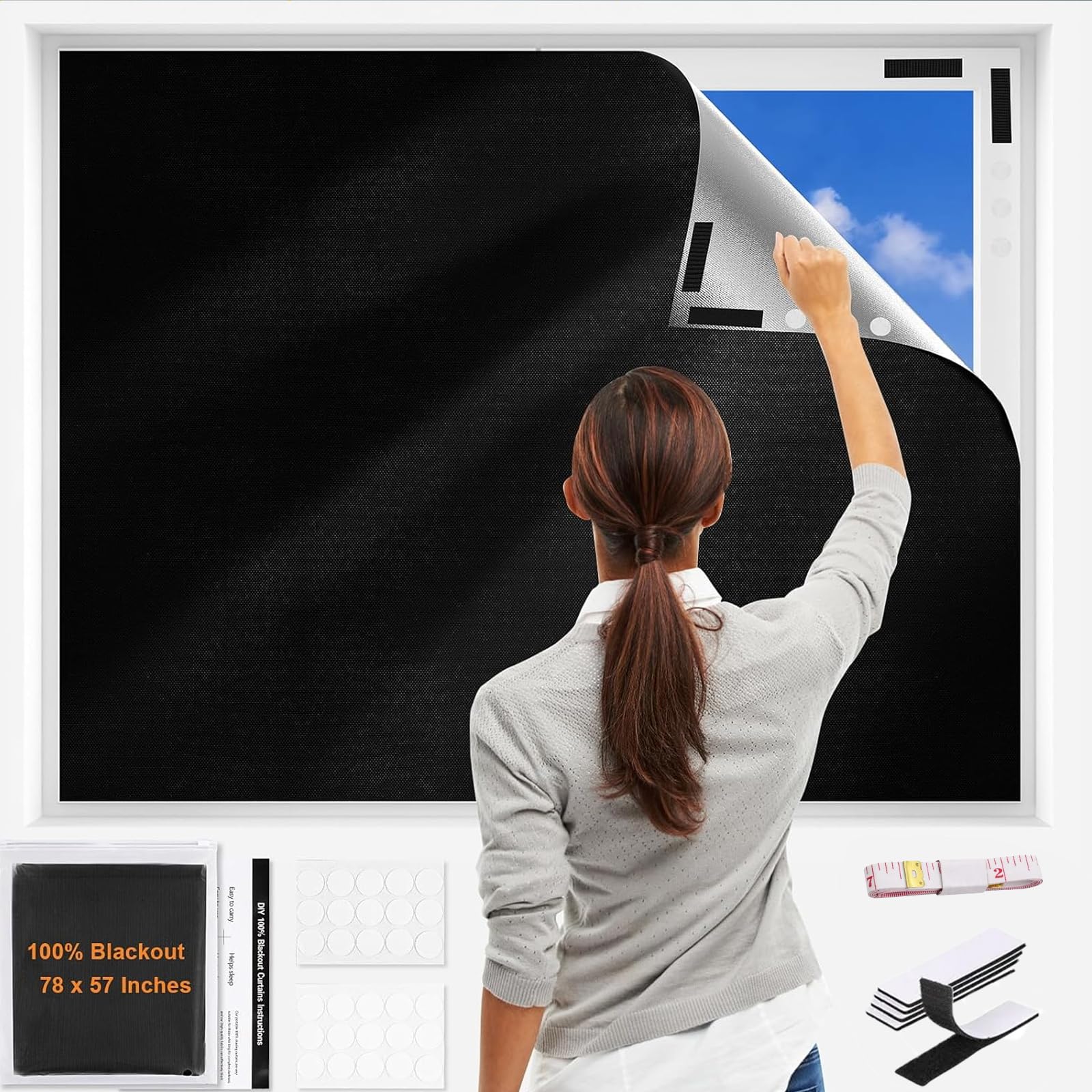 JUTTAUTO 100% Blackout Curtains, 78" X 57" Portable Black Out Curtains for Bedroom, Temporary Blackout Blinds, Travel Blackout Shades, Blackout Window Cover for Nursery, Rv, Dorm Room (Black)