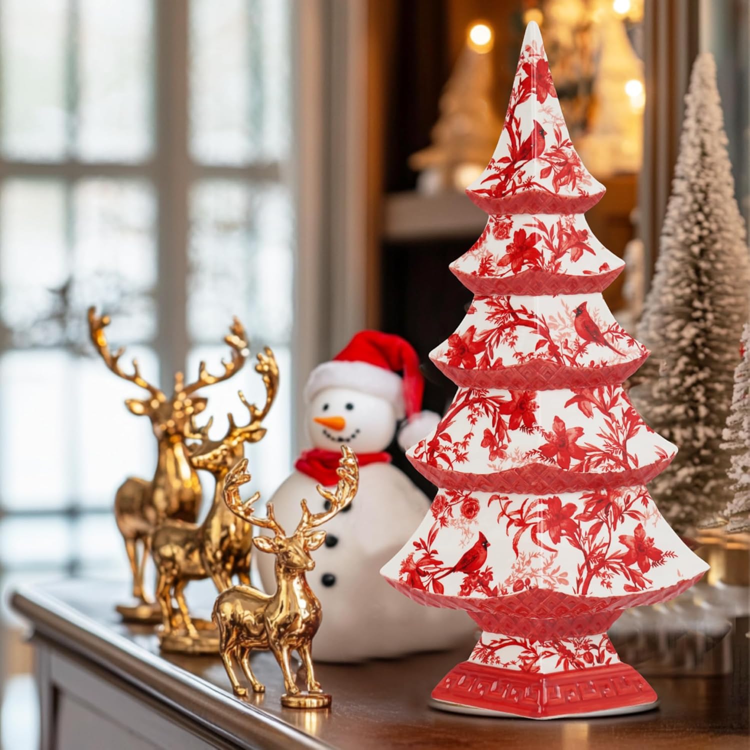 Cynkeyee Chinoiserie Decor Ceramic Christmas Tree - Decorative Christmas Tree Figurine, Red and White Floral Pattern with Cardinals, Ceramic Holiday Decor 6.5x4.2x13.5Inch