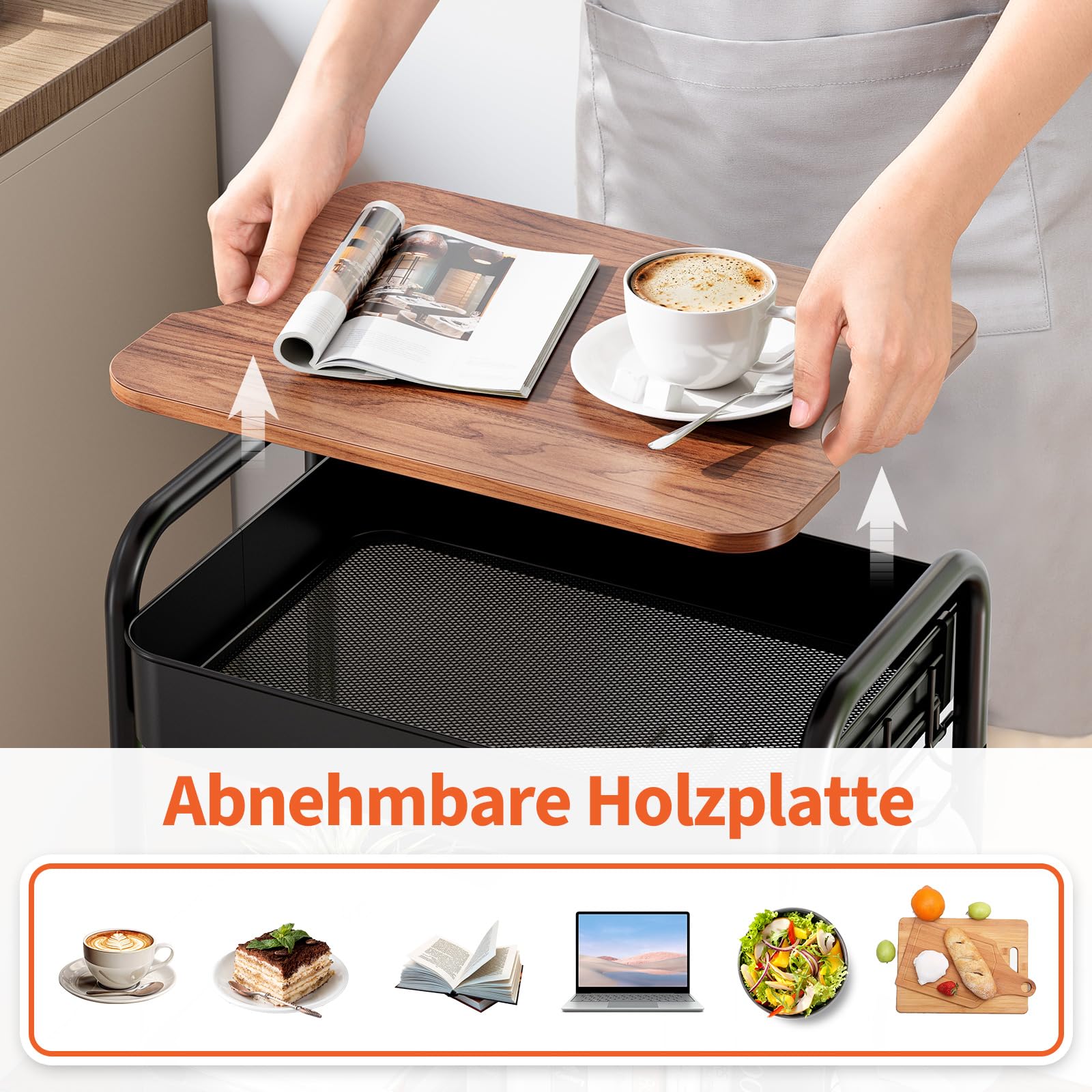 KINGRACK Rollwagen mit 3 Ebenen, Metallwagen mit abnehmbarem Holztablett, Aufbewahrung, Kunstwagen, Trolley, Organizer, Servierwagen, einfache Montage