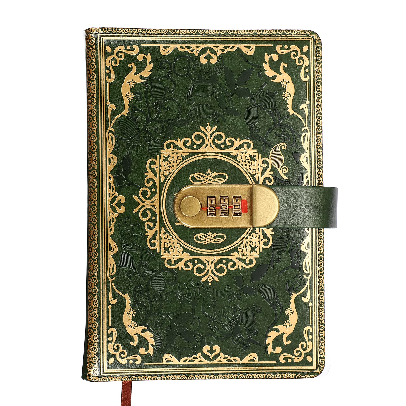 PATIKIL Vintage Leather Journal Notebook with Combination Lock, A5 Diary with Lock, 100 Sheets Lined Password NoteBook Pen Holder & Card Slot Floral Design for Home Office Travel, Green