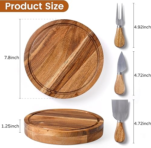 Miniatura 3 de Sishynio Juego de tabla redonda para quesos y cuchillos, juego de tabla de embutidos de acacia y plato para servir queso con cajón deslizante, tabla