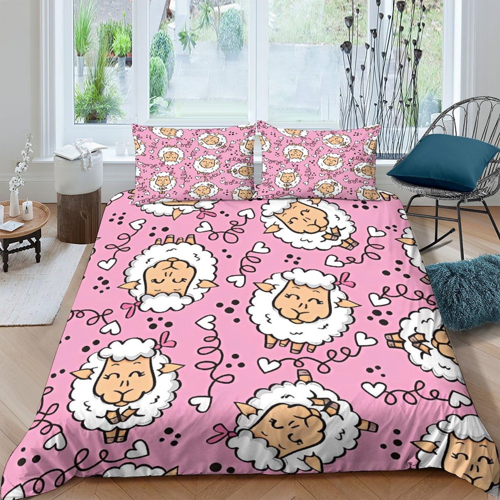 Parure de lit rose avec housse de couette 200x200 cm et taies d'oreiller microfibre