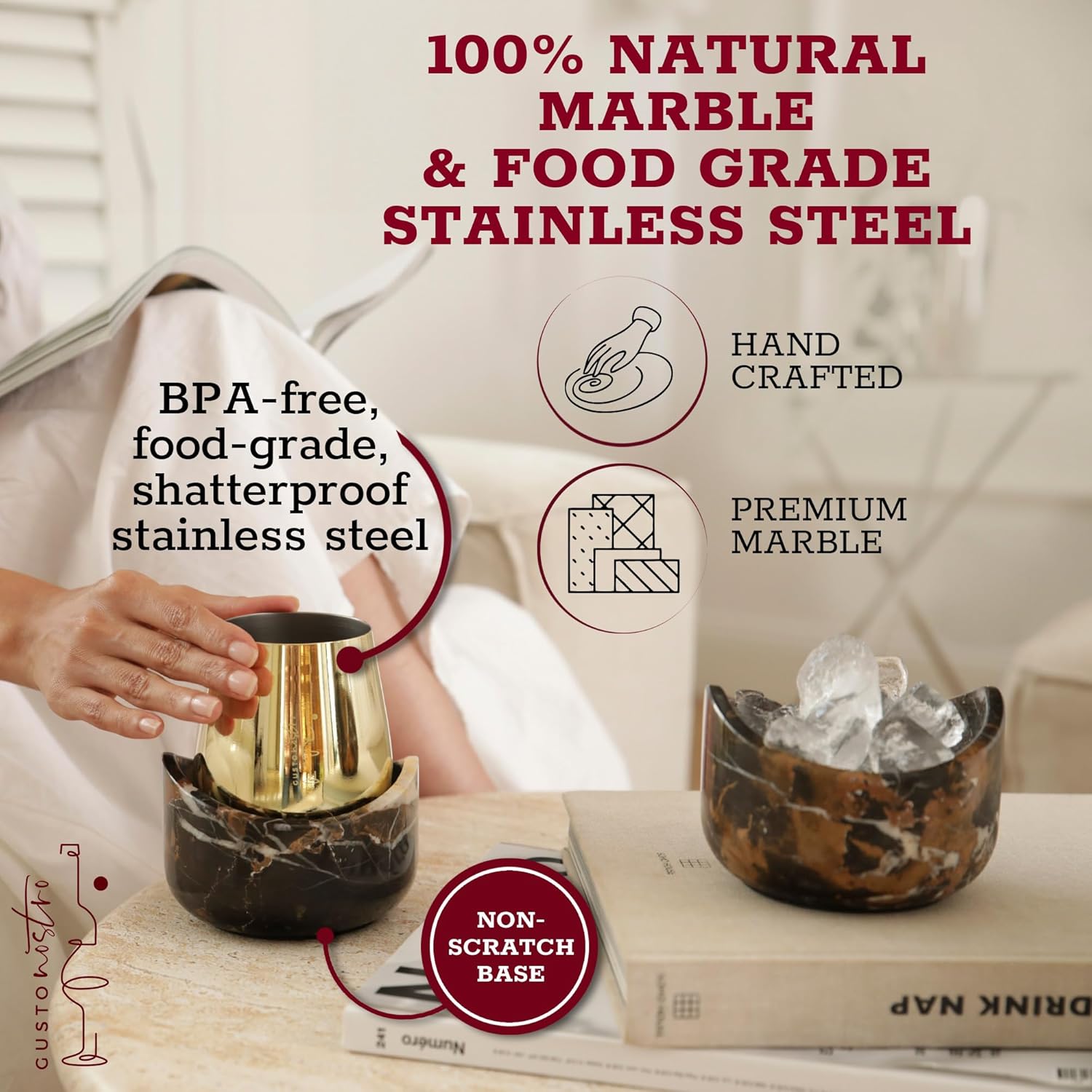 Gusto Nostro Marble Wine Chiller for Glass & Stainless Steel Tumbler Set of 2 - Wine Glass Chiller Holder for Freezer - Cool Set of Chillers & Stemless Wine Metal Tumblers for Home, Bar (Black & Gold) - Image 5