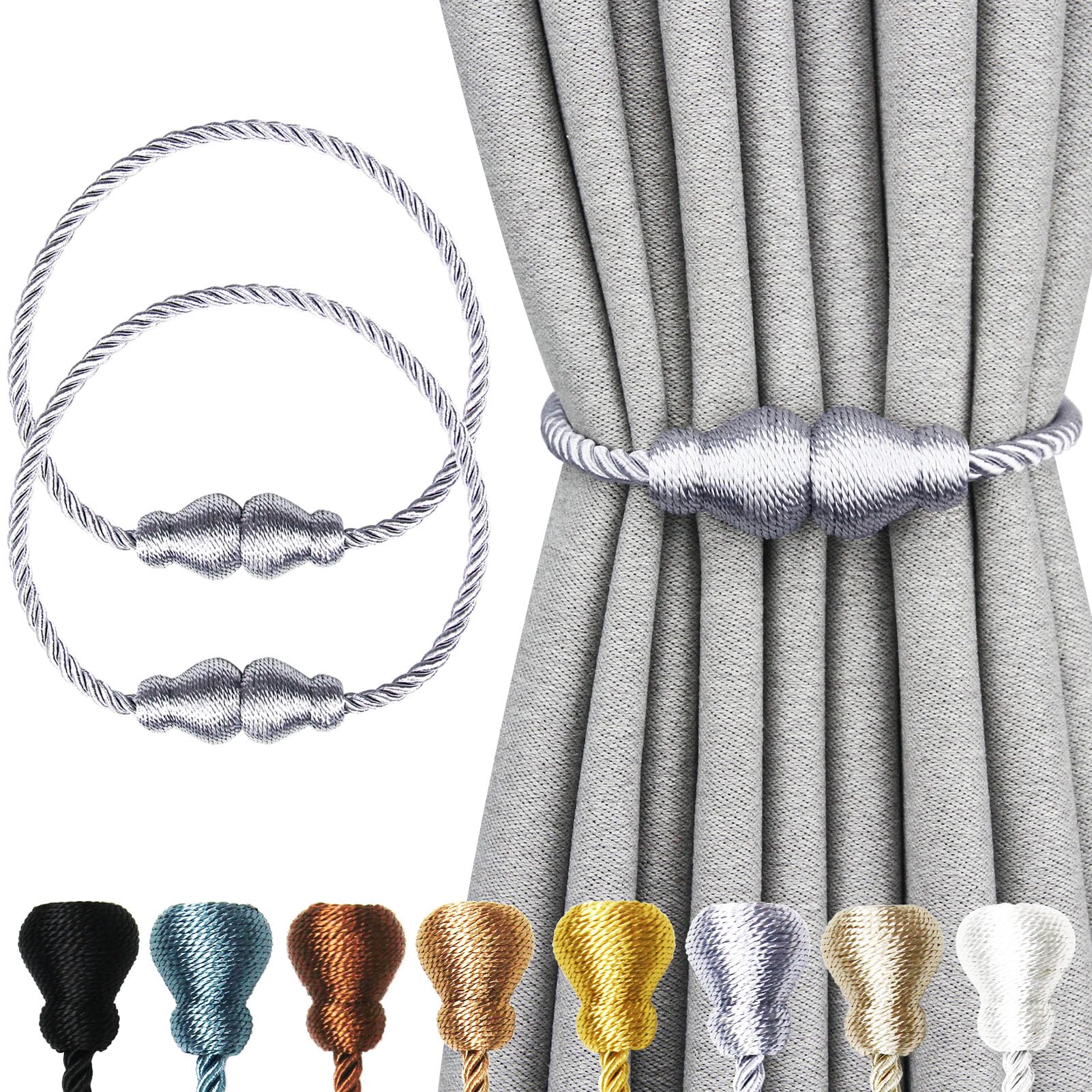 Nieffeiy Magnetic Curtain Tiebacks 2Pack Outdoor Curtain Tie Backs Rope Decorative Magnetic Curtain Holders for Drapes Window Treatment Holdbacks, Grey