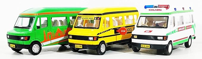 JRPT Traveler Kit Travel India Plastic Ambulance, School Bus Combo (Green and Yellow) - Pack of 3