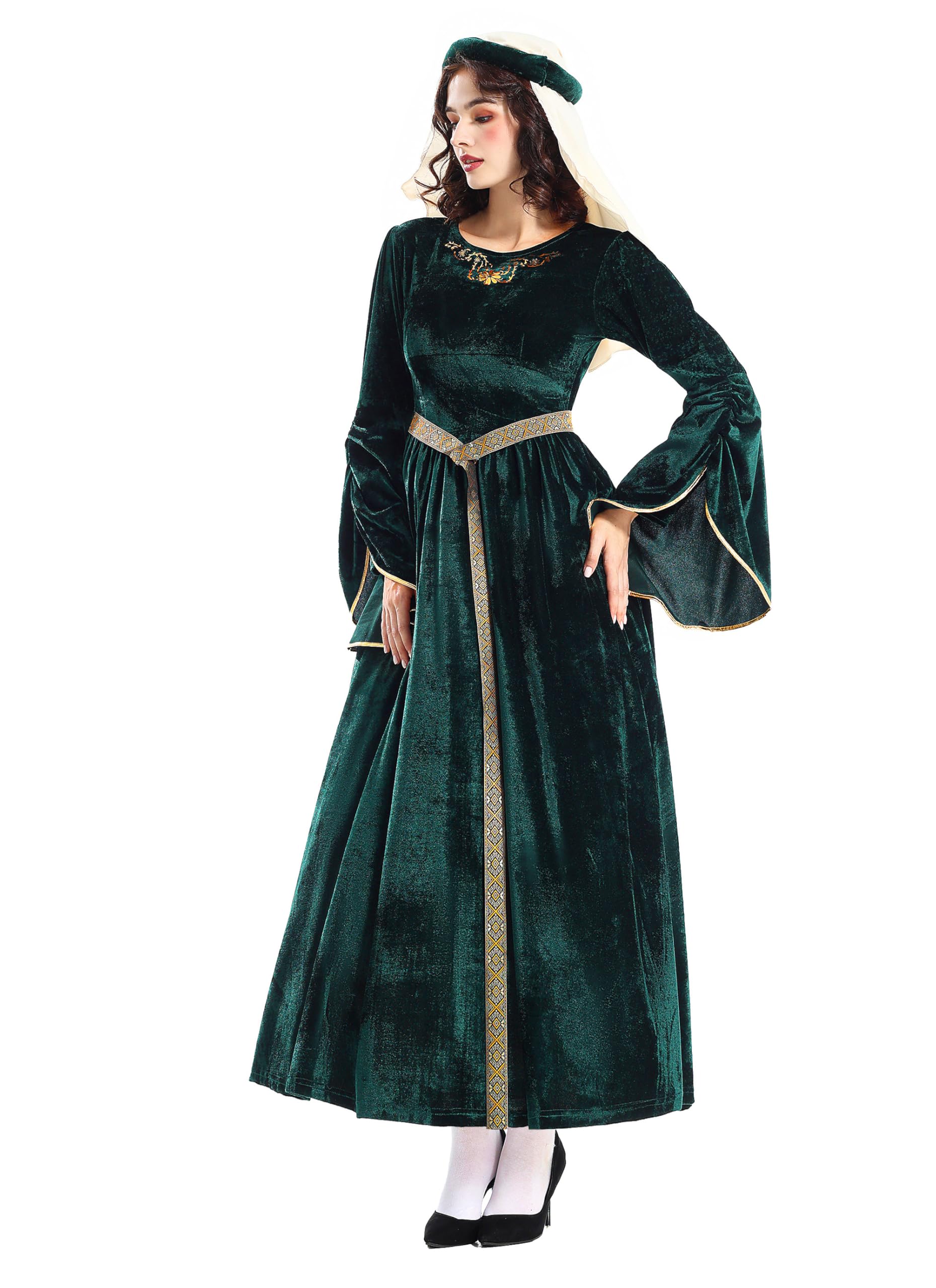 YUDATPG Women Renaissance Dress Medieval Costume for Women Long Dress Plus Size Velvet Queen Dresses Halloween Costume (Green, L) - BigaMart YUDATPG Women Renaissance Dress Medieval Costume for Women Long Dress Plus Size Velvet Queen Dresses Halloween Costume (Green, L) - BigaMart
