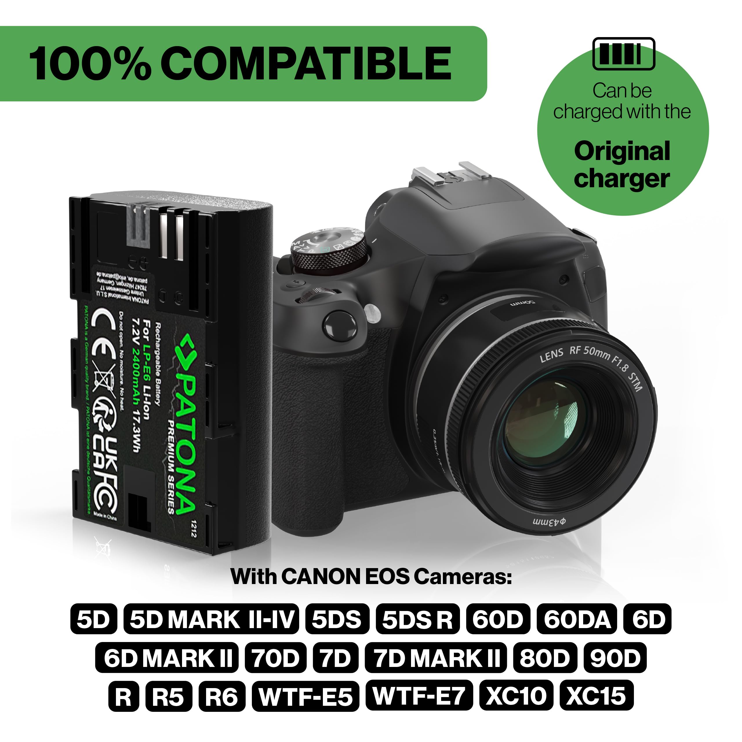 PATONA 2X Premium Akumulator do Canon LP-E6 LPE6 2400mAh | Akumulator zamienny do EOS 5D Mark II III IV 5DS R R5 6D 7D 60D 60Da 70D 80D 90D XC10 XC15 WFT-E5 E7, z ochroną zwarciową