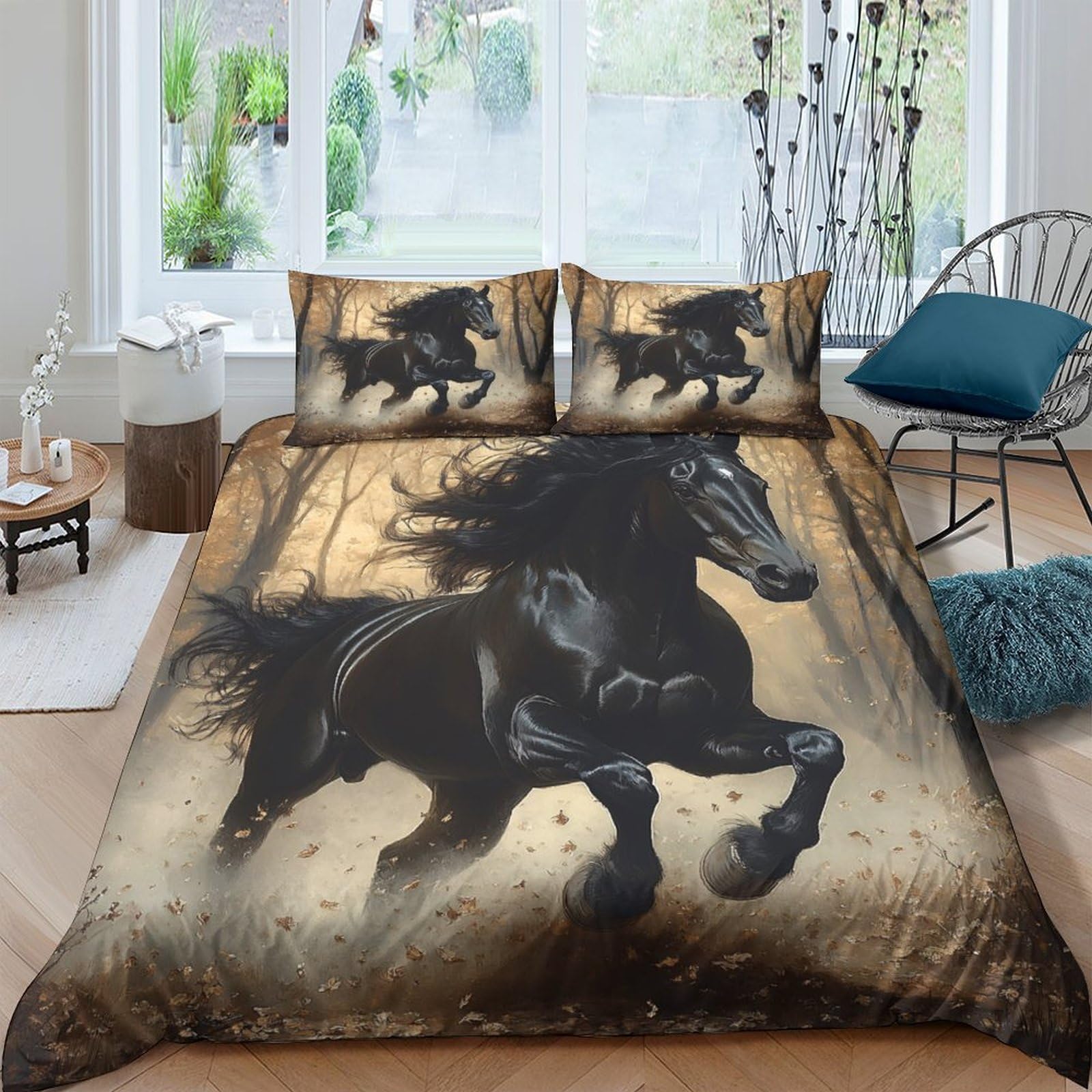 Ctjqhvkz Style-3 3D Printed Black Horse Wild Forest Fitted Sheet Microfiber Soft Non-Slip Bed Cover Machine Washable Bedroom Decor Single（135X200cm）
