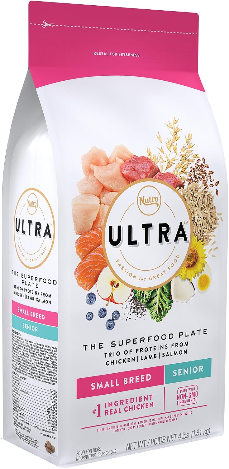 DISCONTINUED BY MANUFACTURER:NUTRO ULTRA Senior Small Breed High Protein Natural Dry Dog Food with a Trio of Proteins from Chicken, Lamb and Salmon, 4 lb. Bag
