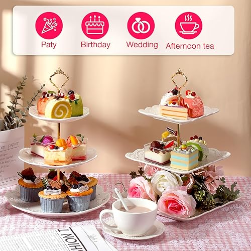 Miniatura 3 de Ctosree Soporte redondo y cuadrado para cupcakes de porcelana de 3 niveles, soporte redondo y cuadrado para tartas de cerámica blanca, bandeja de