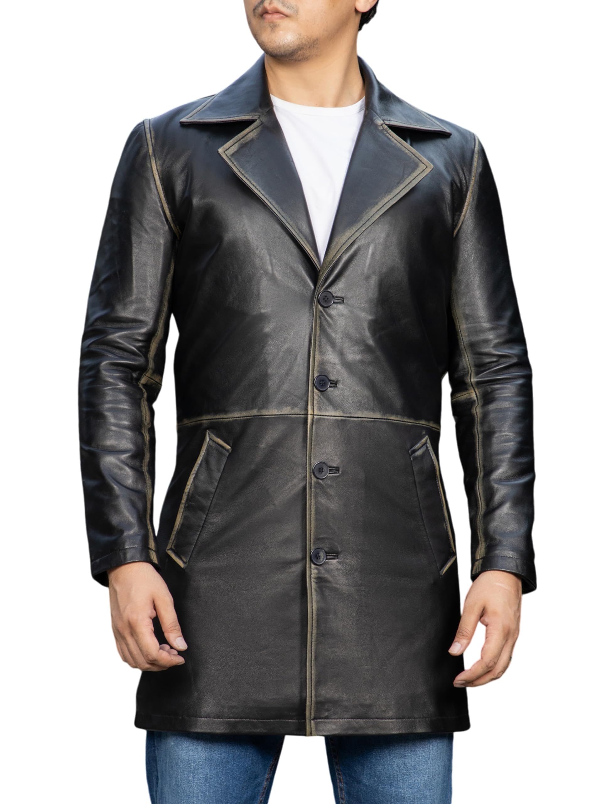 Jild Leather Trench Coat Men - 3/4 Length Casual Car Coat Style Lambskin Long Leather Jacket Men