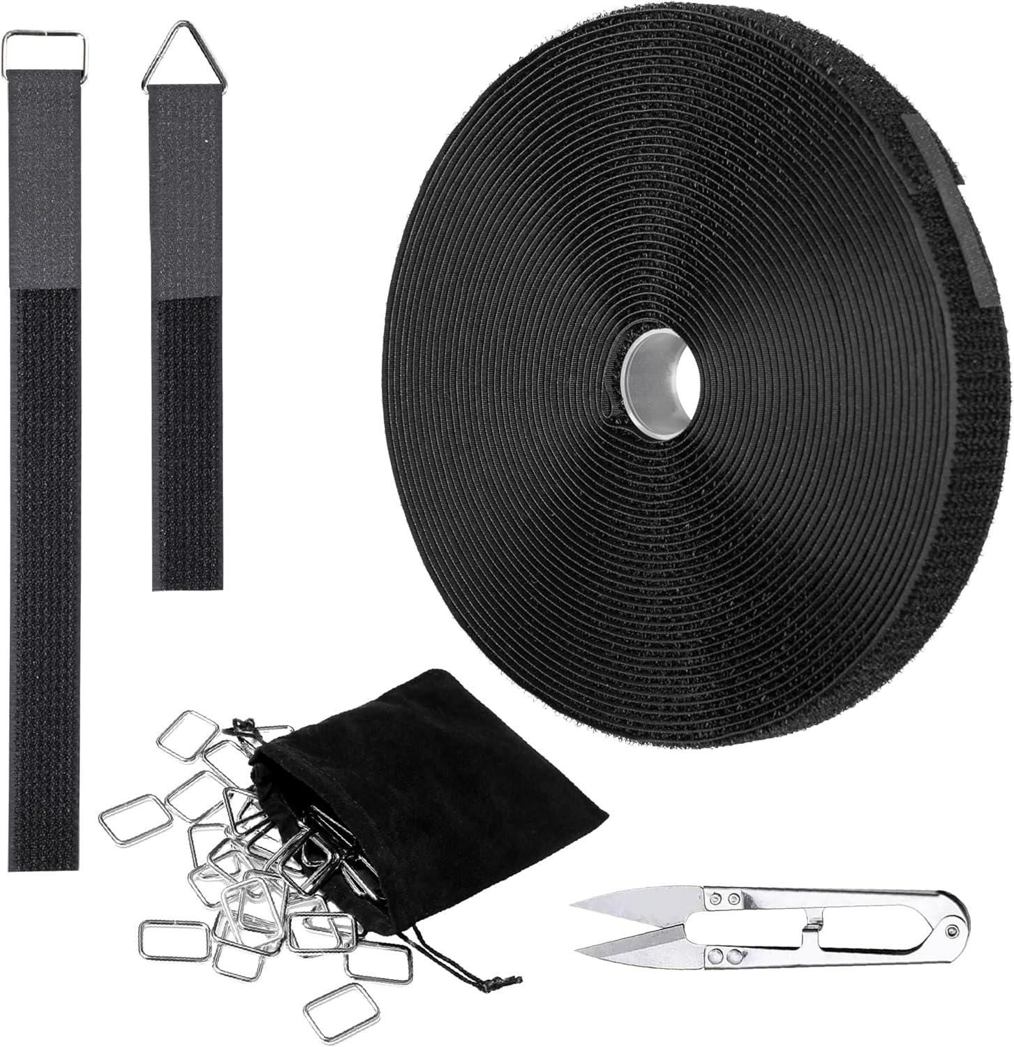 16.4ft x 1in Hook and Loop Straps with 30 Metal Buckles—25 Rectangular & 5 Triangular, Includes Thread Snips, Cut-to-Length Cinch Strap, Heavy Duty Cable Ties, Extra Long Securing Cord, Nylon, Black