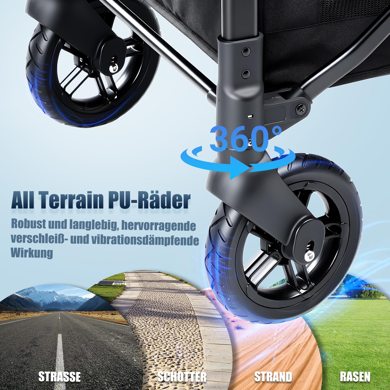 Bollerwagen faltbar mit Dach 4 Kinder,Handwagen faltbar Kinderwagen Baby Bollerwagen mit Dach,abnehmbarem Tablett,5-Punkt-Gurt,verstellbarem Griff,hohem Sitz und großem Stauraum, Schwarz