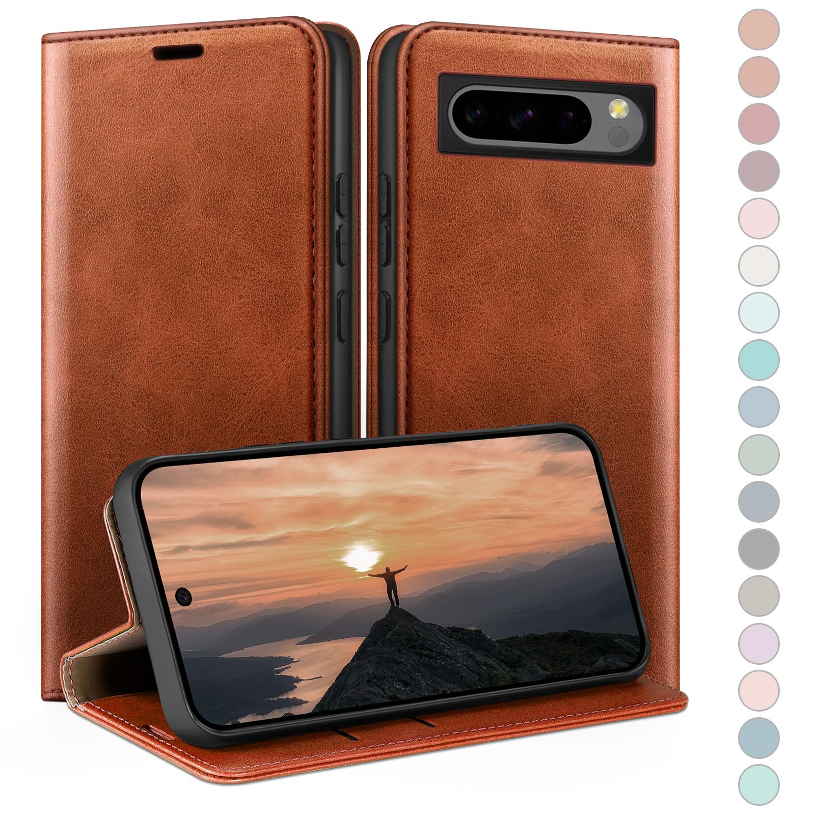 Coque Google Pixel 8 Pro HUOUH Etui Portefeuille en Cuir Brun Clair - 7