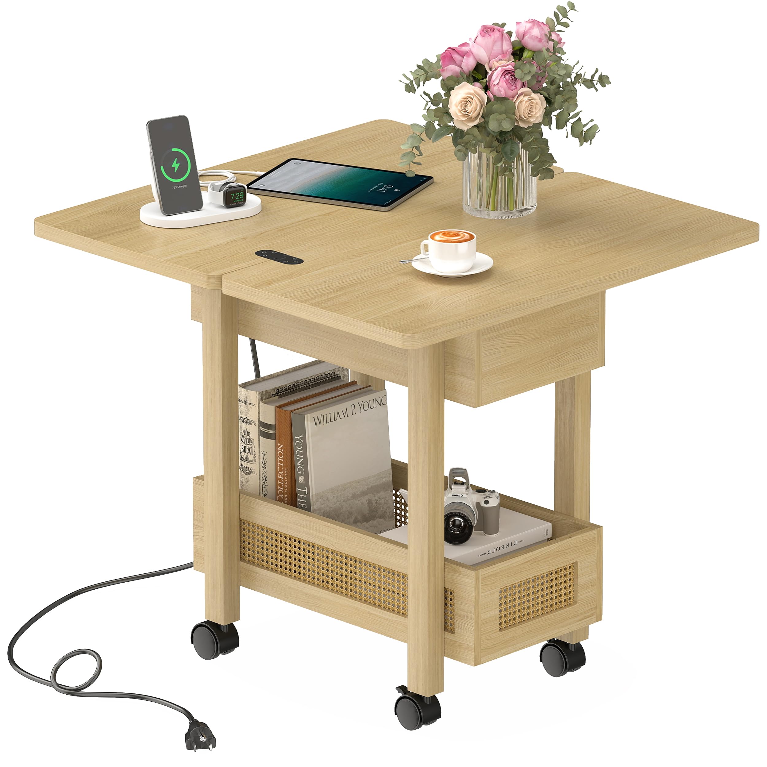 Table d'appoint roulante avec station de charge YOSHOOT bout de canapé noyer