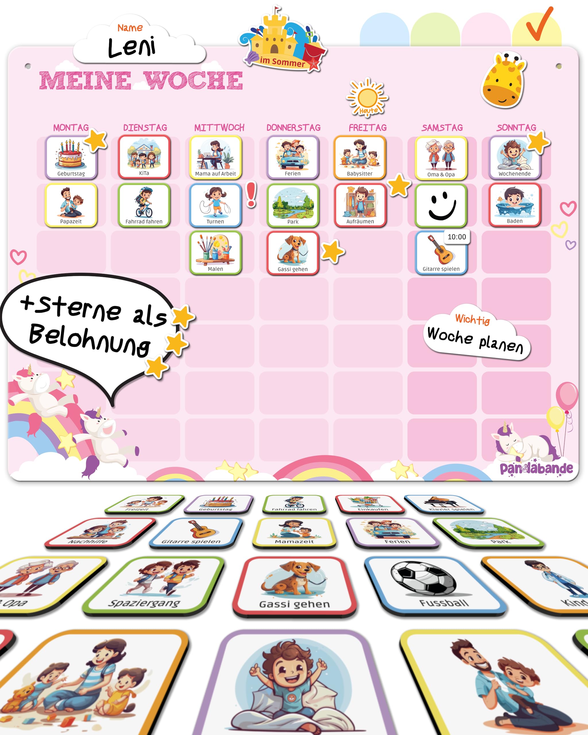 »PANDABANDE« Montessori Wochenplaner Kinder [Wetter, Belohnung, 210 Magnete] - Magnettafel für mehr Struktur im Alltag - Idealer Wochenplan Magnetisch (Einhörner)