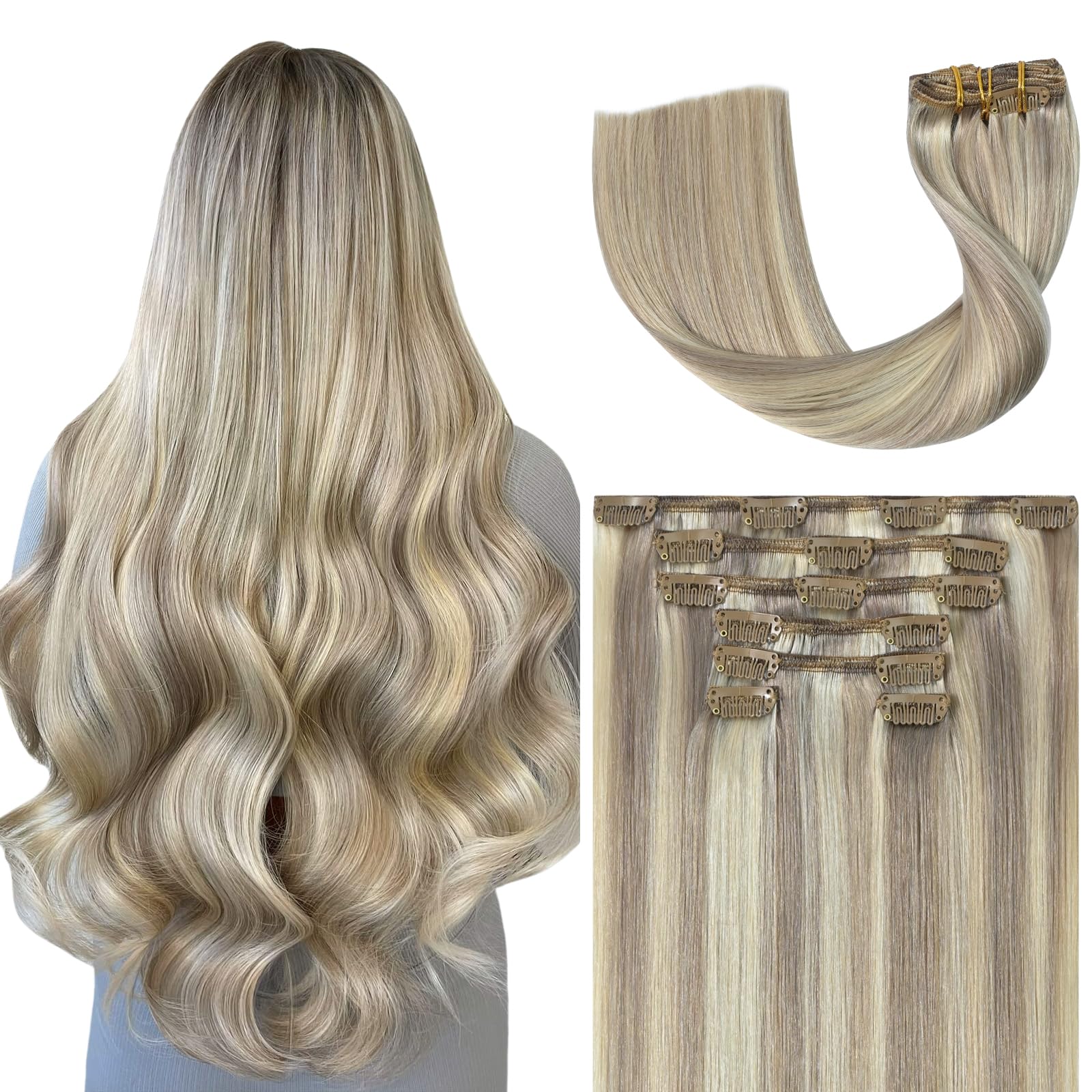 Ukira Ash Blonde Clip in Hair Extensions Real Human Hair, 15 Inch 70g 7pcs 18/613 Mixed Bleach Blonde Hair Extensions Remy Human Hair Clip in Extensions for Women, Natural Straight Remy Human Hair