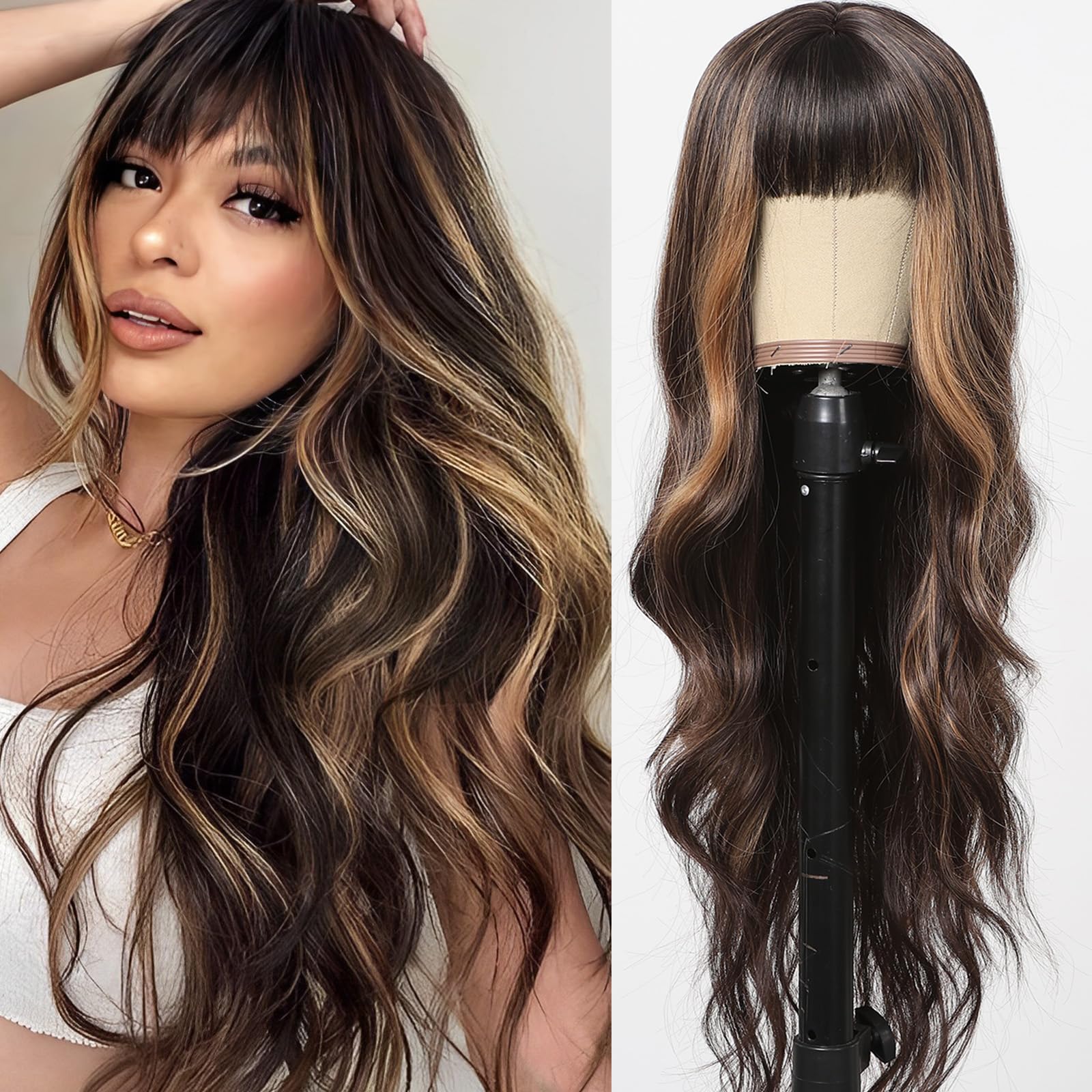 Brown Wigs for Women Long Wavy Wigs With Bangs Blonde Highlights Curly Hair Synthetic Curly Wave Heat Resistant Fiber Wigs For Any Occasion
