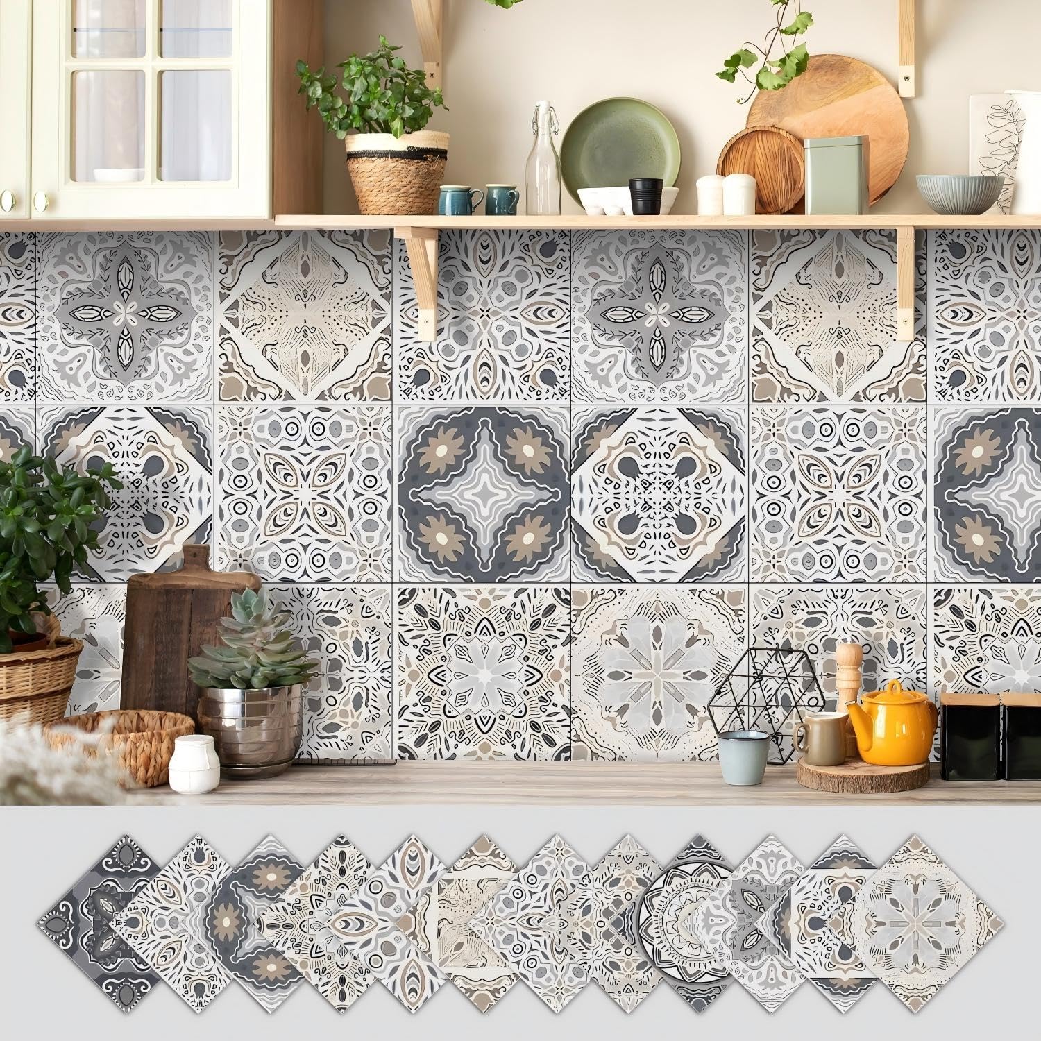 Muiltvoe Tile Stickers, Stick on Tiles, Self Adhesive Wall Tiles, 24pcs Peel and Stick Tile Decals, 10x10cm Moroccan Style Waterproof Vinyl Mosaic for Kitchen Bathroom Wall Decor