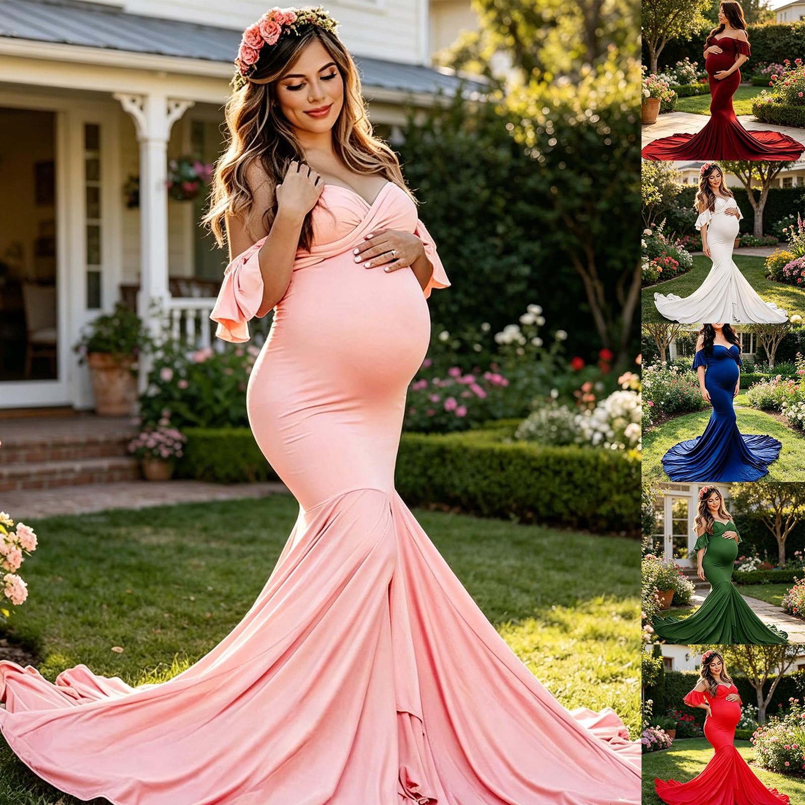 Elegante vestido de maternidad, vestido largo de algodón con dobladillo de arrastre y mangas con volantes para sesión de fotos y ropa de maternidad para invitados de boda