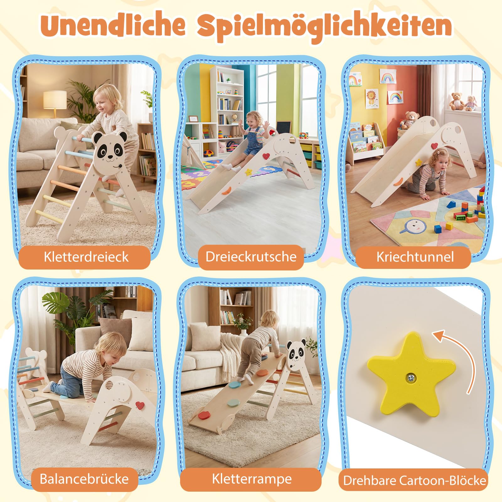 COSTWAY Kletterdreiecke Indoor 3er Set, klappabres Kletterdreieck mit Rutsche, Rampe, Kletterleiter, inkl. Baustein Set, Klettergerüst Holz, Sprossendreieck für Kinder ab 3 Jahr (Macaron)