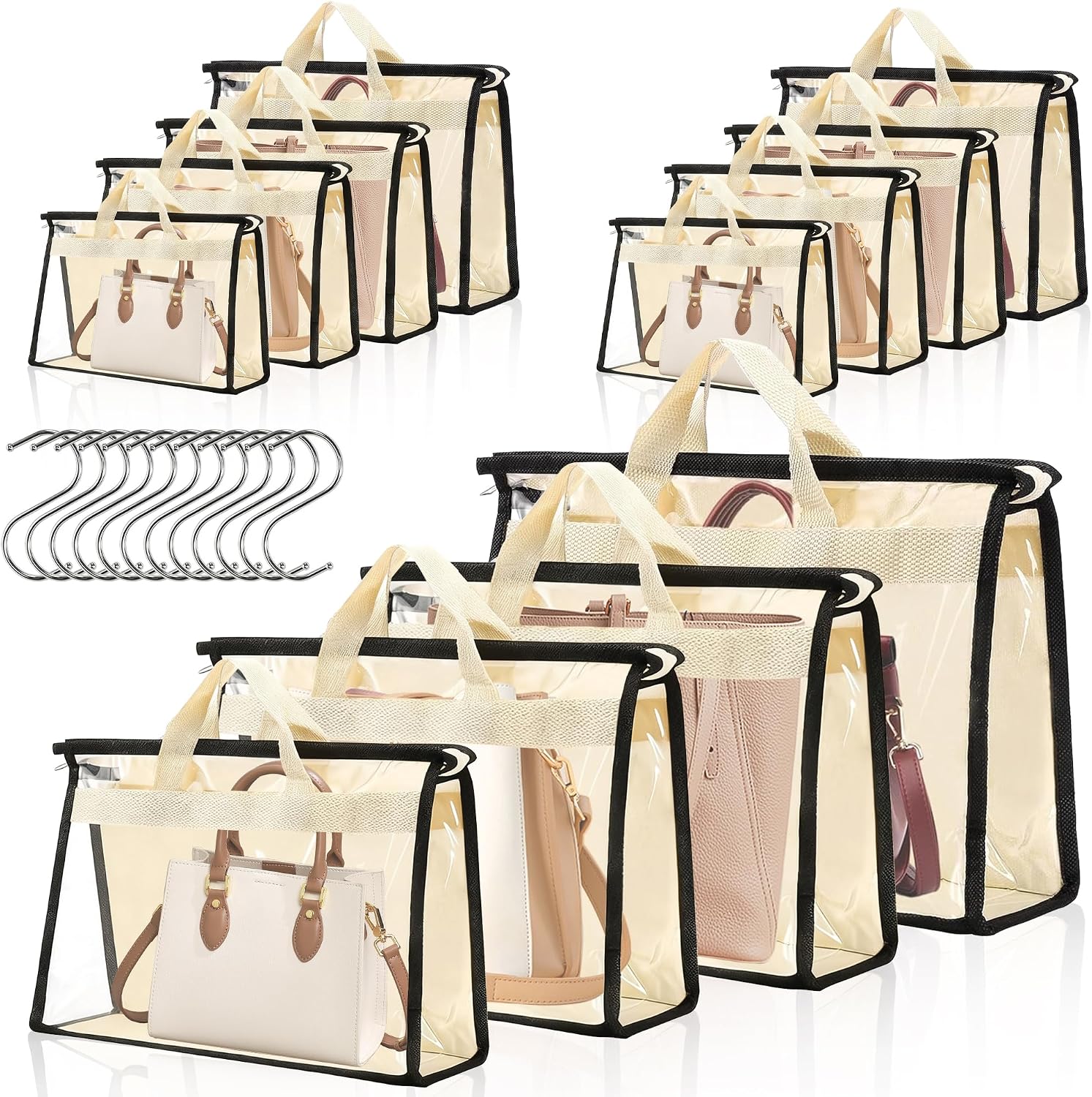 12 Packs Dust Bags for Handbags,4 Sizes Beige Clear Handbag Storage Organizer for Closet, Purse Organizer with Zipper Handle and 12 Pcs Hooks