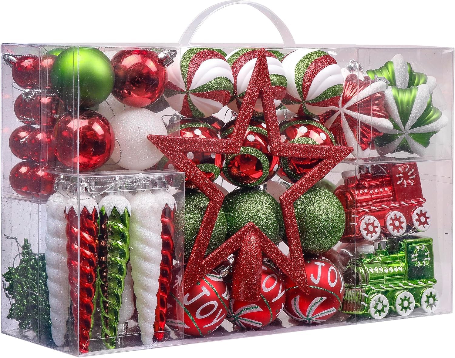 Valery Madelyn Weihnachtskugeln 100 TLG 3-15cm Kunststoff Christbaumkugeln zur Weihnachtsdekoration mit Weihnachtsbaumspitze und Aufhänger Klassische Serie Thema Rot Grün Weiß (M)