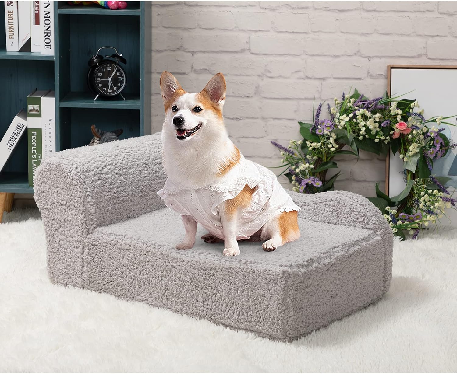 PAPITLULU Pet Sofa Bed, Dog Open Couch, Cat Sleeping Bed, Sherpa Fleece Chair for Lounger, Ultra-Soft Snuggle Foam for Indoor Kitten and Small Medium Dog, Large