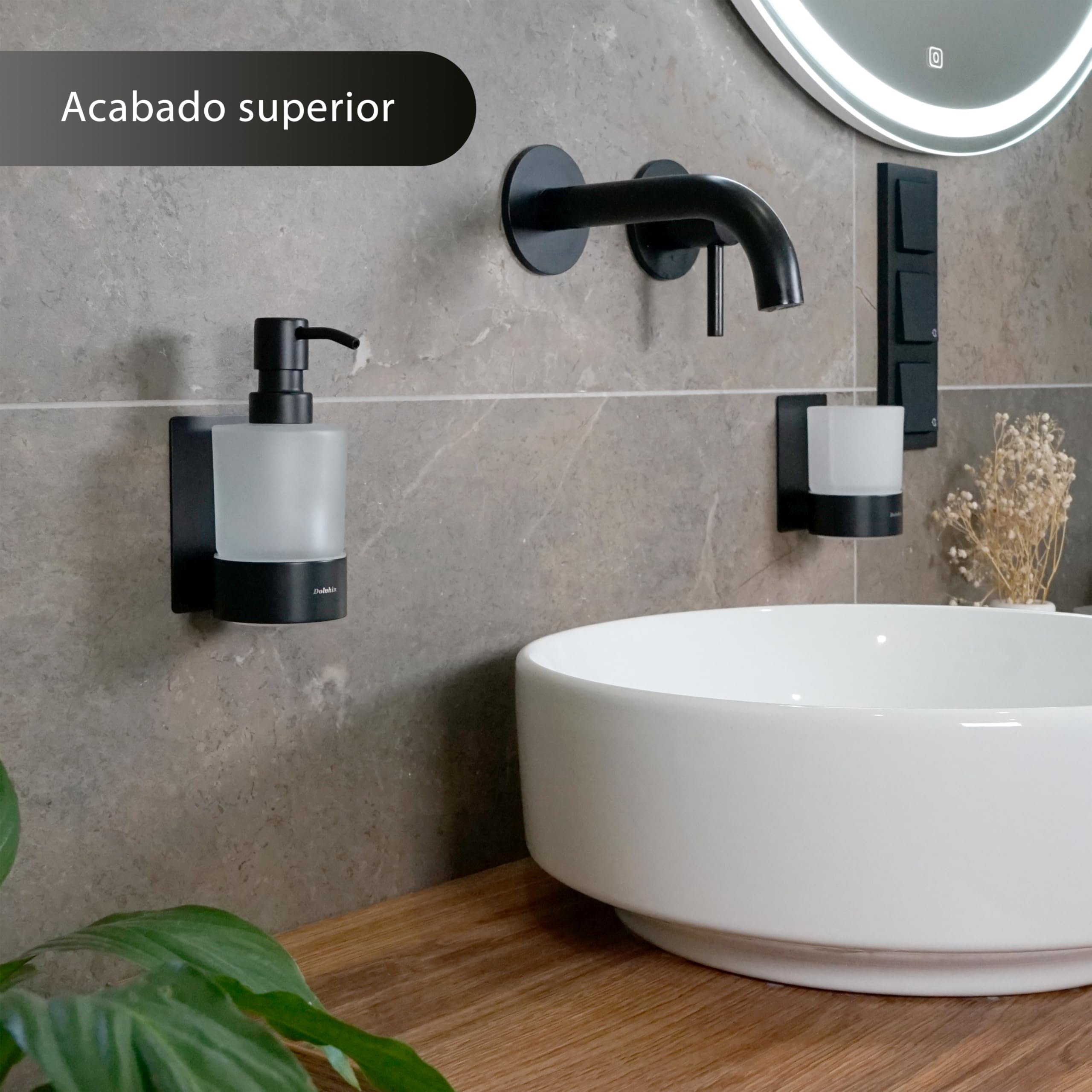 Set Dispensador Jabón & Portacepillos de Dientes | Vidrio Esmerilado y Acero Inoxidable | Soporte Vaso Cepillos sin Taladro | Dosificador de Pared Adhesivo | Juego de Baño | Negro Mate