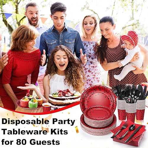 Miniatura 5 de Sieral 560 piezas de suministros de fiesta rojos y negros para 80 invitados, juego de vajilla desechable con platos, servilletas, vasos, tenedores,
