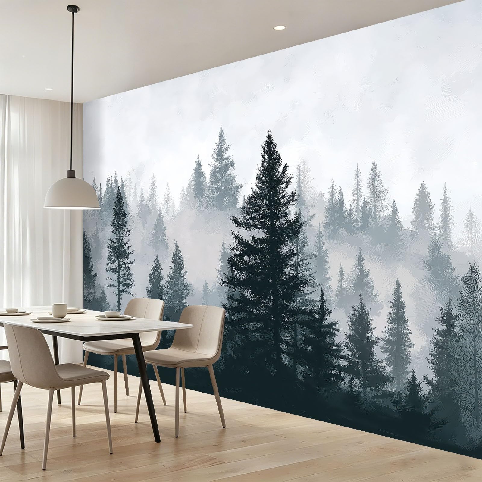 Genérico Papel Pintado No Tejido 250 x 175(WxH),Pinos de Altiplano Nórdico Verde Diseño,Fácil de Instalar Decoración de Pared para Salón Dormitorio Oficina