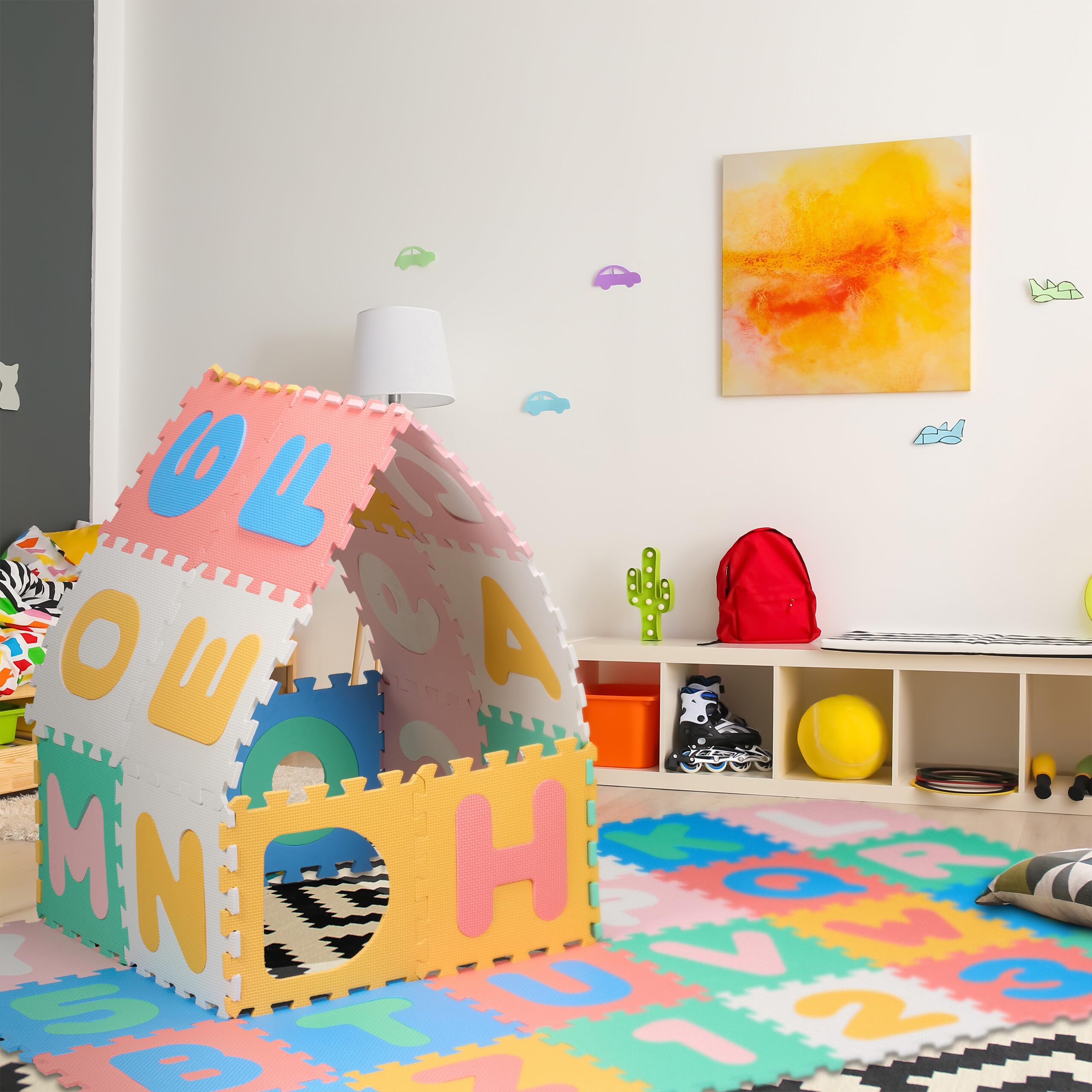 Relaxdays Tappeto Gioco Bambini Puzzle 36 Tappetini Lettere ABC Numeri 171x171 cm Senza BPA Colorato