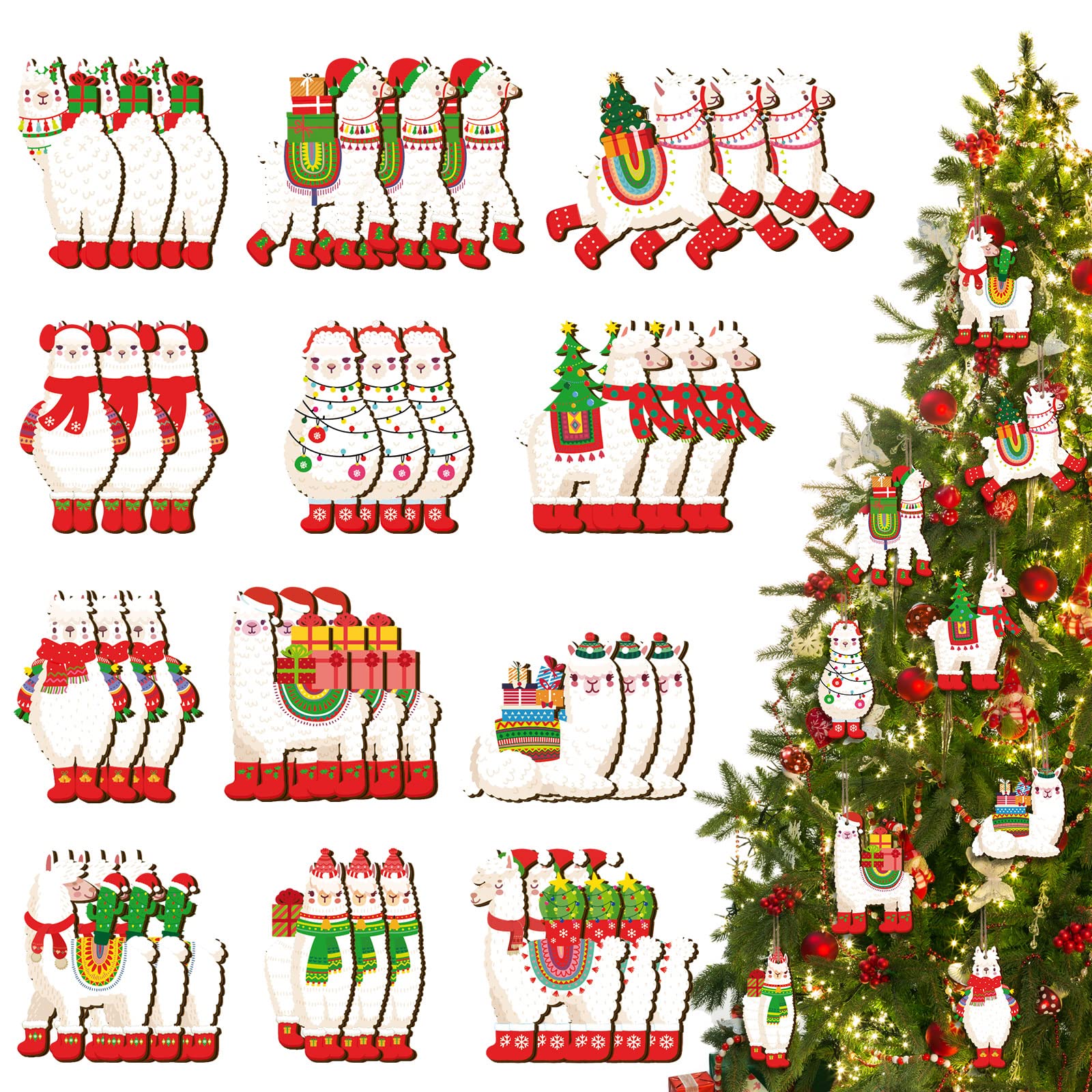 Lot de 36 décorations lama en alpaga à suspendre en bois pour Noël