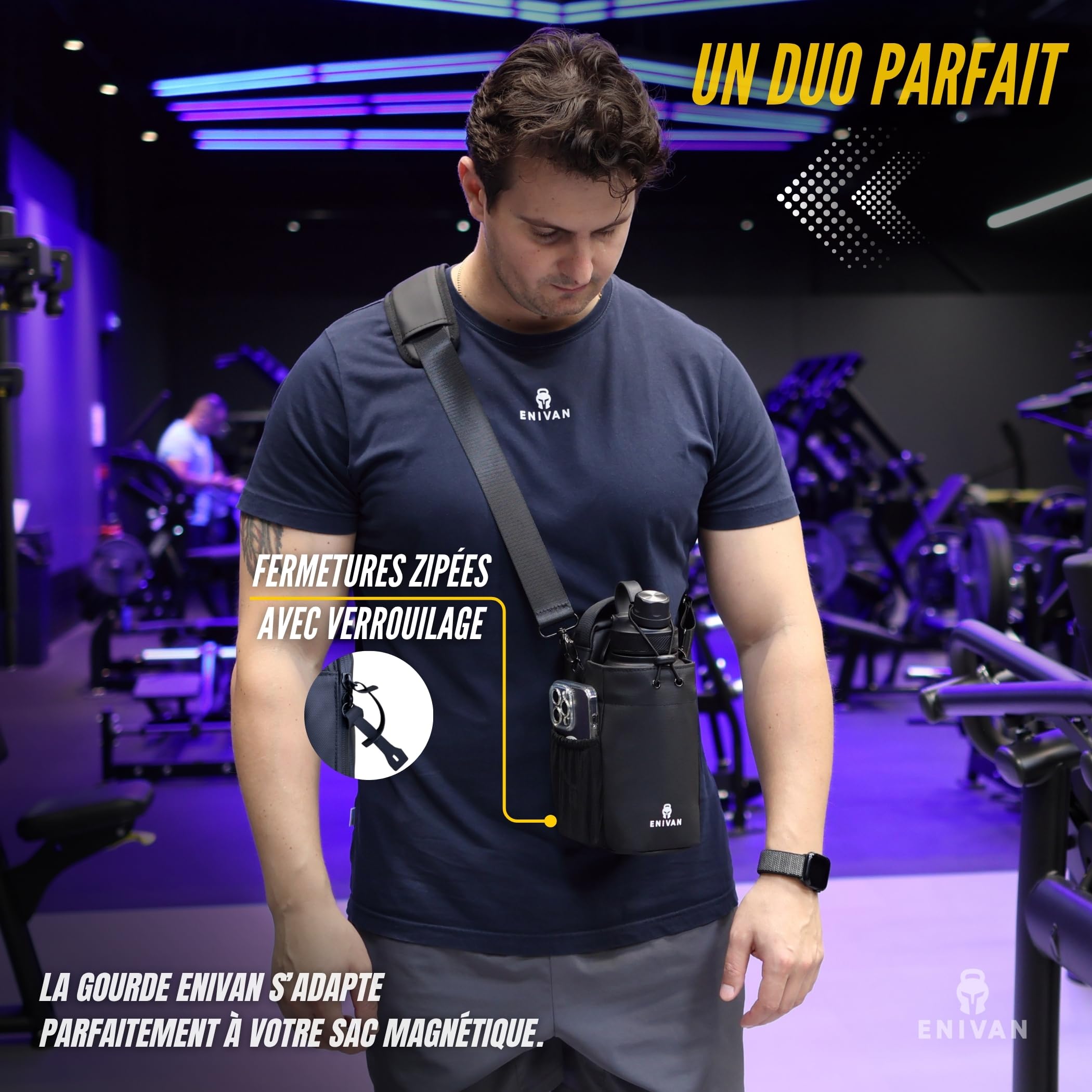 Pack Sac de Sport Magnétique + Gourde Isotherme 1L – Aimant Puissant, Étanche, Poche Téléphone, Bandoulière Ajustable – Gym, Fitness, Muscu