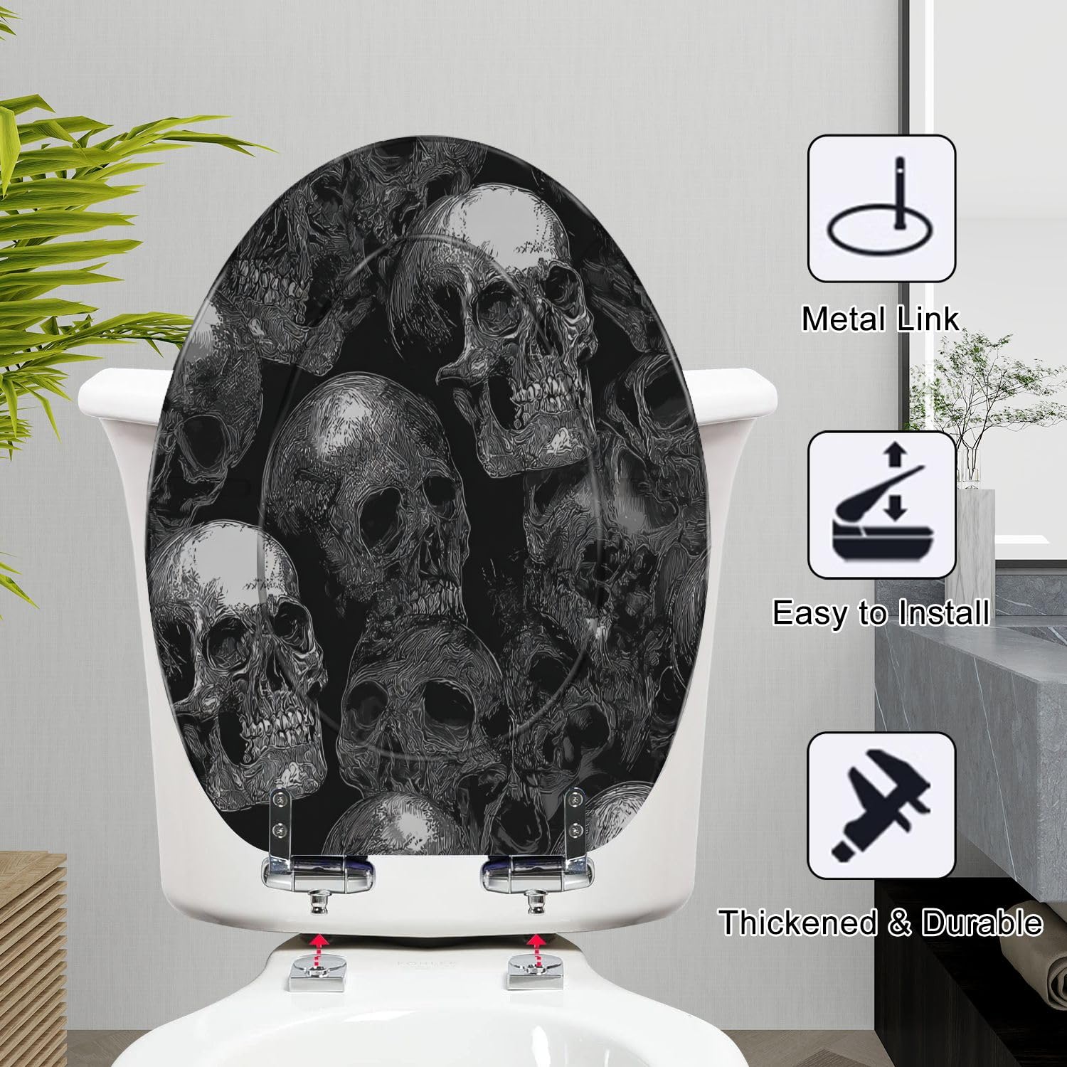 Asiento de inodoro alargado con cierre suave y silencioso, de fácil liberación y limpieza. Ideal para Halloween.
