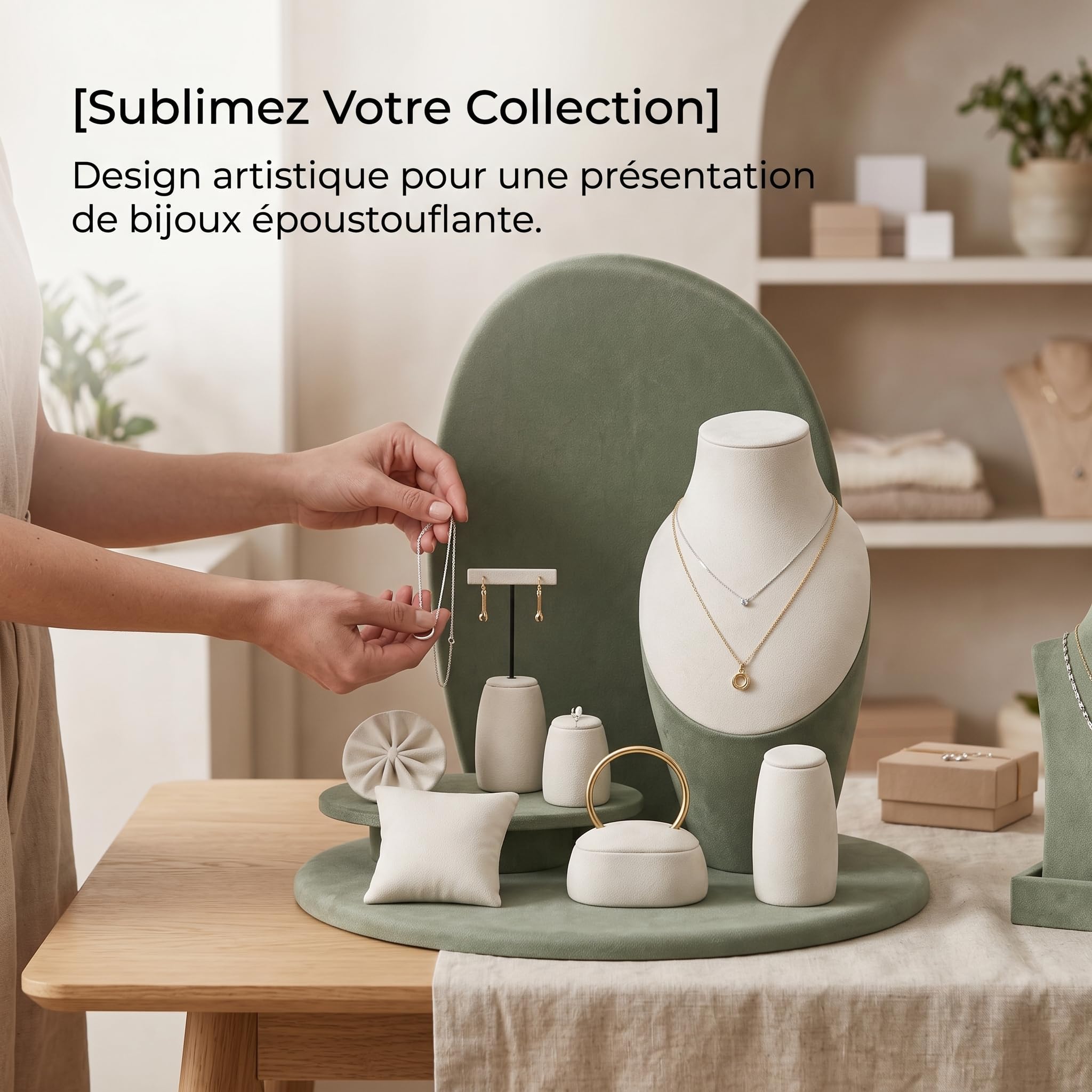 Porte Bijoux et Présentoir Collier en Velours à Trois Niveaux – Support Bijoux Artistique pour Colliers et Penntifs, Vert matcha