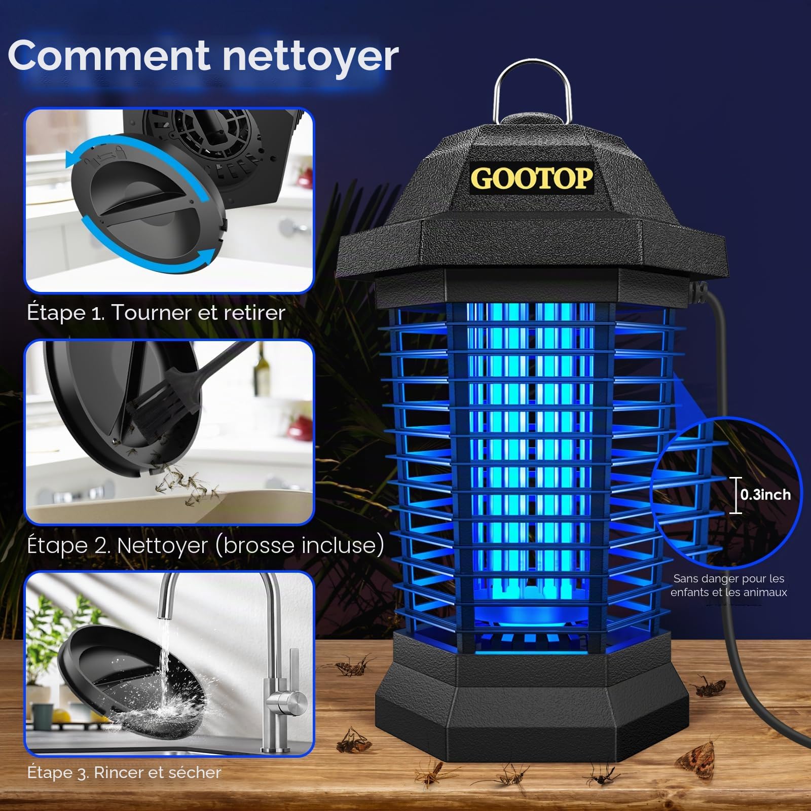 GOOTOP Zapper anti-insectes pour extérieur, 4200 V, 3 broches, piège à mouches électrique, piège à mouches, piège à insectes volants, intérieur et extérieur, extérieur en plastique ABS (noir)