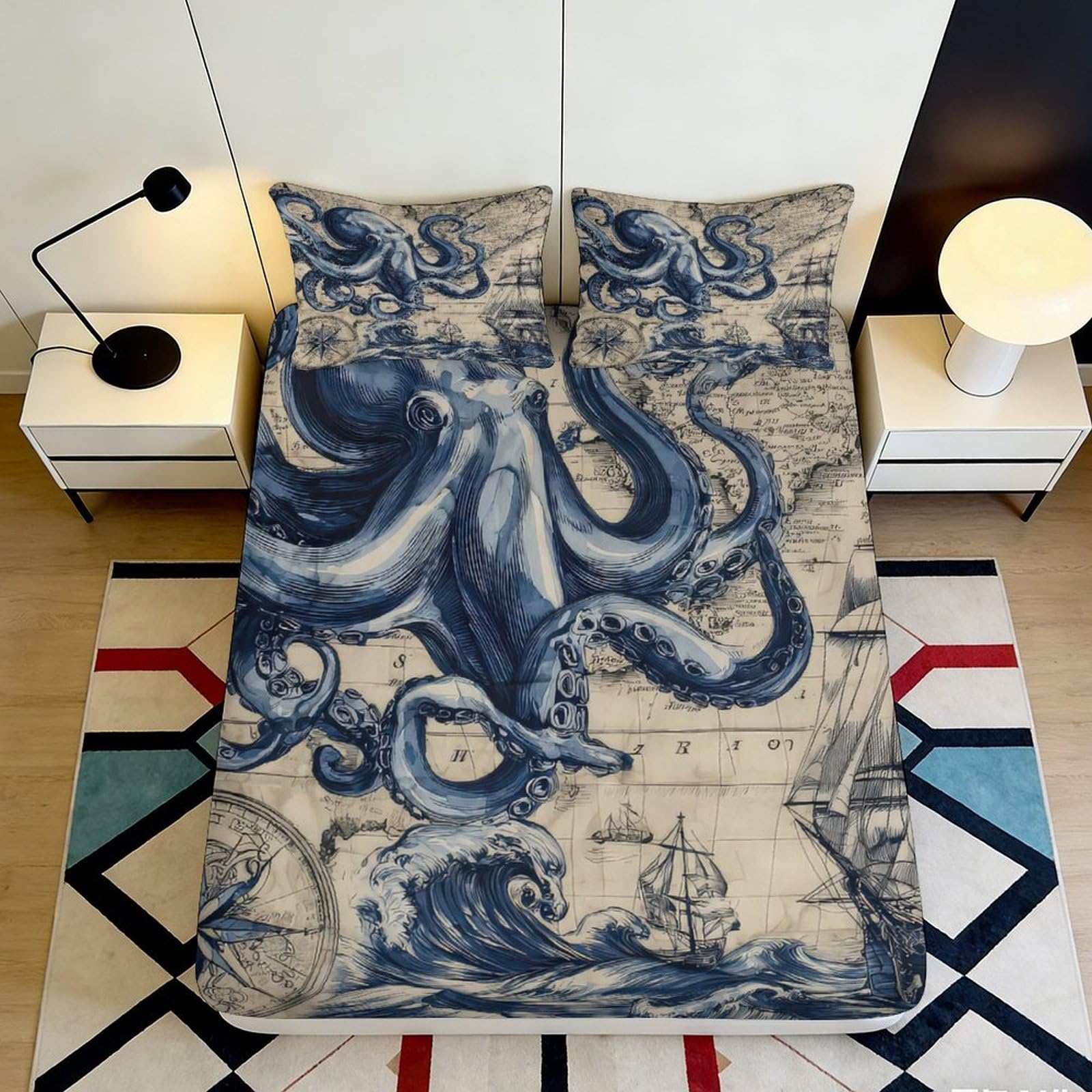 3D Printed Octopus Ocean Fitted Sheet Microfiber Deep Pocket Non-Slip Bedroom Bedding Octopus Mattress Fitted Cover 160x200x25cm