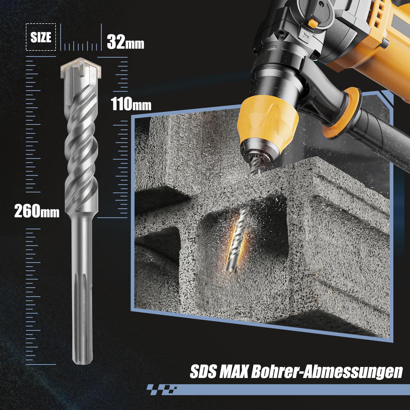 Punta SDS Max a doppia elica, con 4 taglienti in carburo di tungsteno, per trapano a percussione, ideale per calcestruzzo, pietra e pietra naturale, 32 x 260 mm