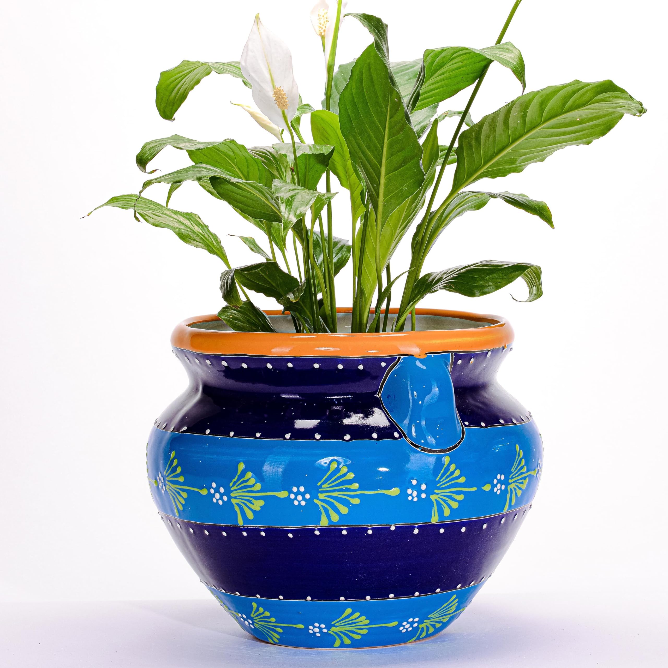 Evergreen Garden Talavera Mexican Pottery Ceramic Chata | Flower Pot Plant Succulent | Indoor Outdoor (12 in. Blue Striped)