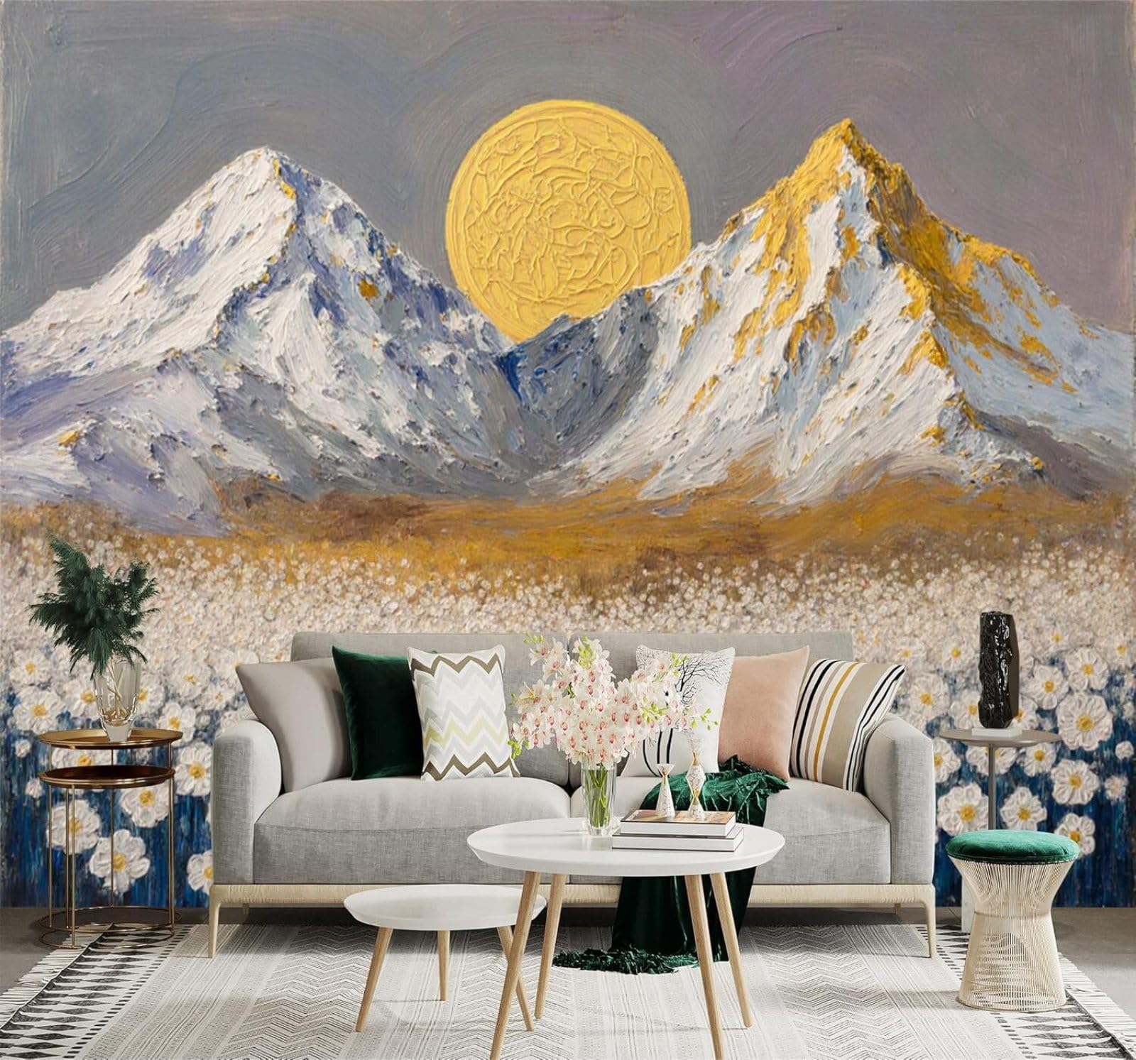 Xlming 250Cm×170Cm(B×H) Three Dimensional Hand Drawn Snow Capped Mountains Golden Sunlight White Flower Fields 3D Wallpaper Premium Textured Silk Study Dining Living Room Bedroom Sofa Tv Wall Easy Install-250Cm×170Cm