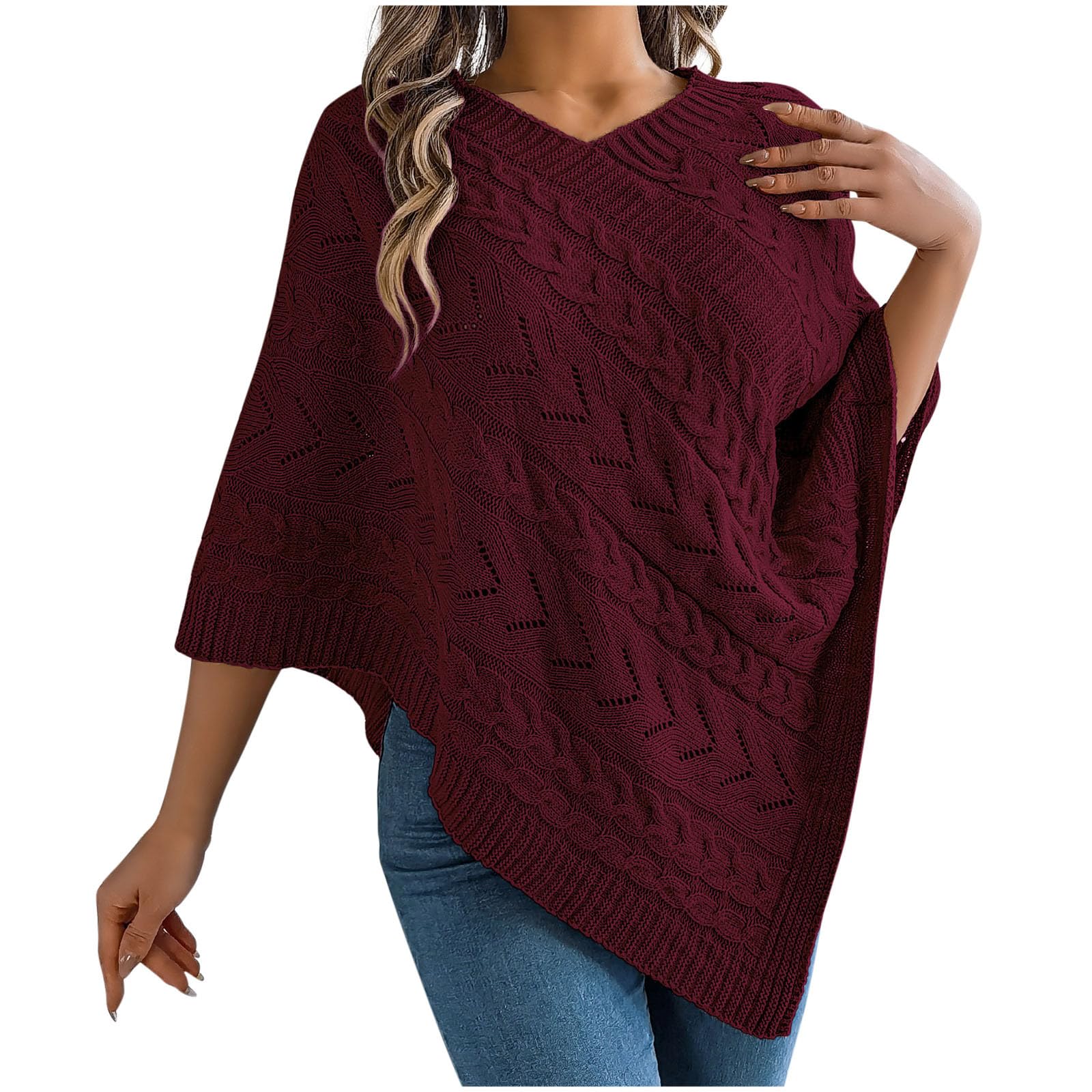 Women Knit Poncho Sweater Irregular Hallow Out Cape Top Casual Fashion Lightweight Knitted Shawl Wraps Fall Winter
