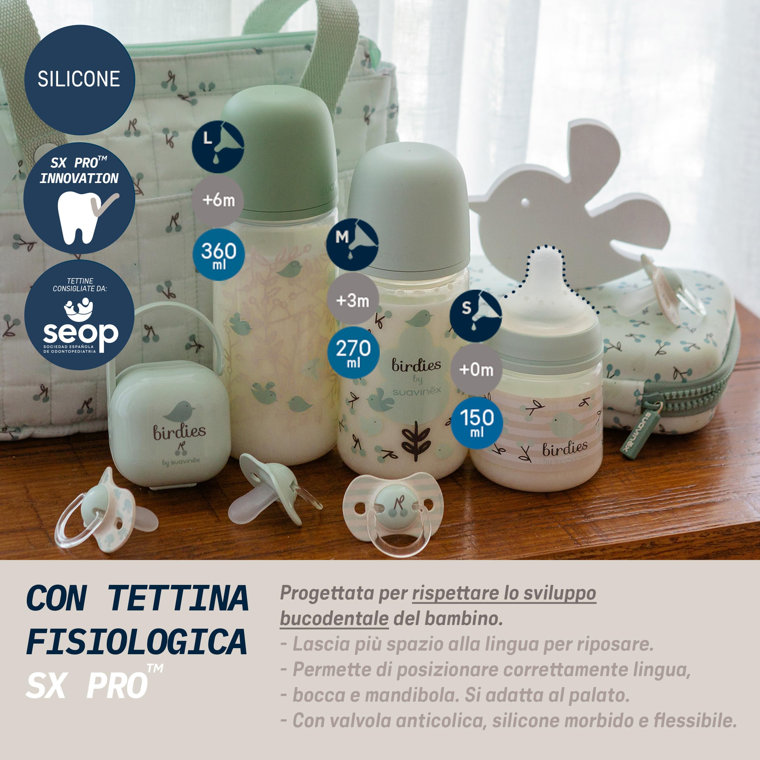 Suavinex, Set di Biberon per Neonati, Confezione Regalo: 2 Biberon da 270 ml + 2 Biberon da 150 ml + Ciuccio 0-6 Mesi, Tettarelle Fisiologiche SX Pro in Silicone, 5 Pz, +0M, Birdies Rosa