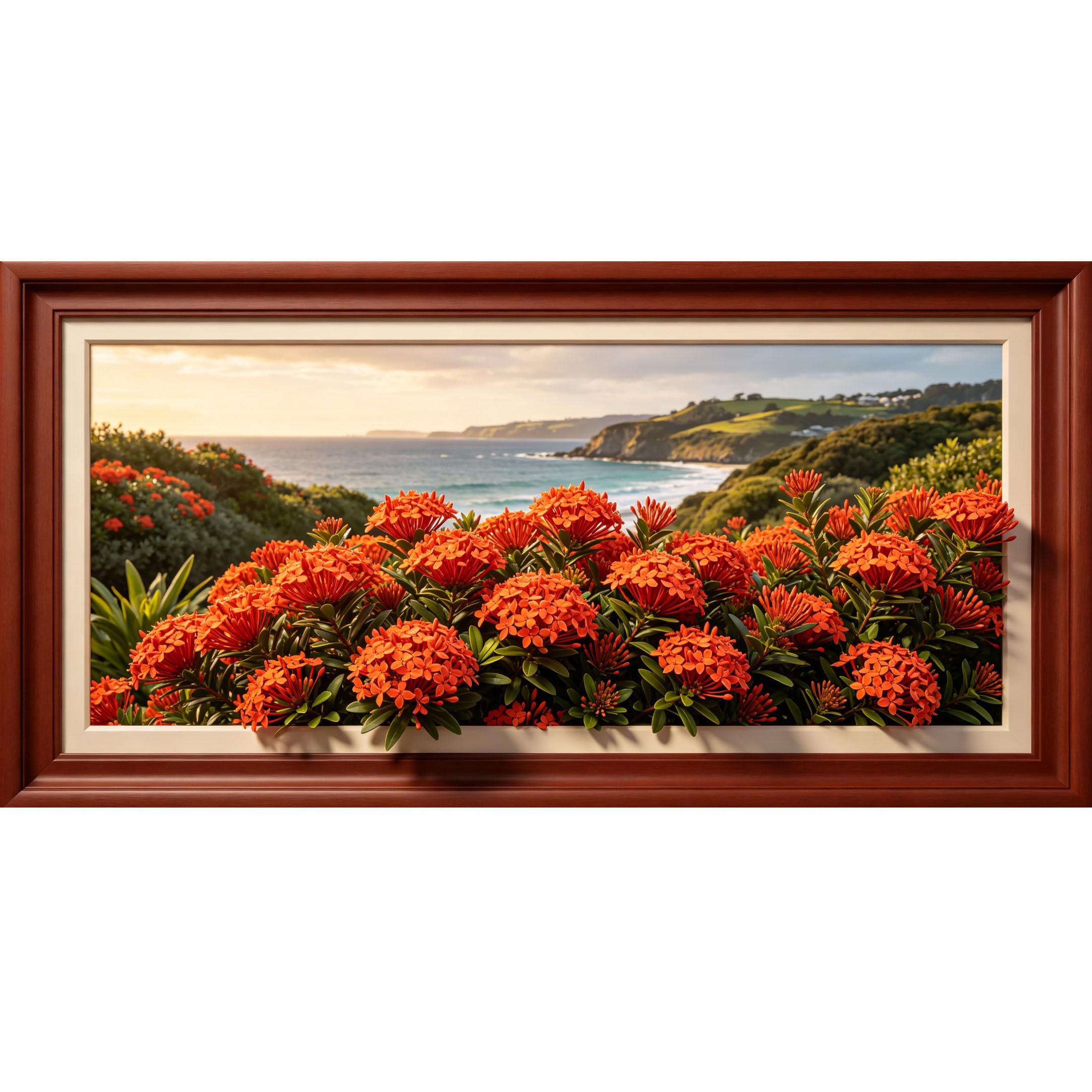 Agglomerix 3D Framed Wall Art Coastal Botanical Ocean Flower Cliff Sunset Large Size Self-Adhesive Removable Wall Decor Prints Artwork for Living Room Bedroom Office