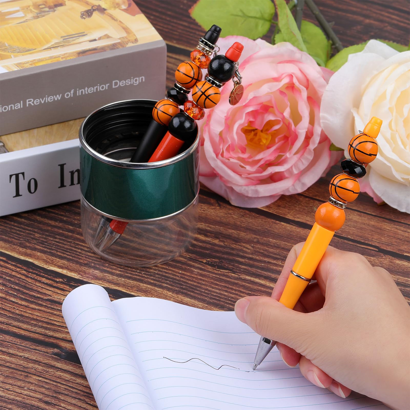 WEWAYSMILE 12pcs Bead Pen Bulk DIY Beaded Pens with Black Ink Beadable Pens Kit Colorful Basketball Pendant for DIY Gift Students Office School Supplies - Image 2