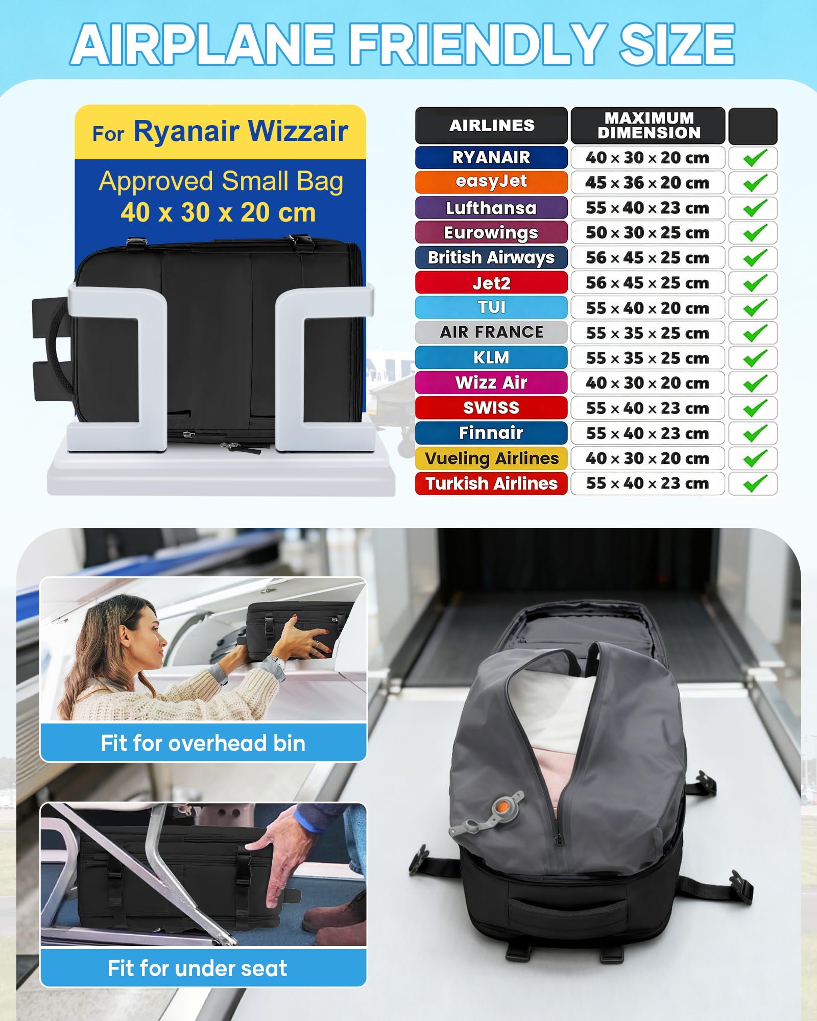 SZLX Zaino Ryanair 40x30x20 Sottovuoto con Pompa Zaino Ryanair 40x20x25 Donna Zaino da Viaggio Wizzair Bagaglio a Mano Uomo per Laptop da 14 Pollici Borse da Cabina 45x36x20 Easyjet con Porta Scarpe