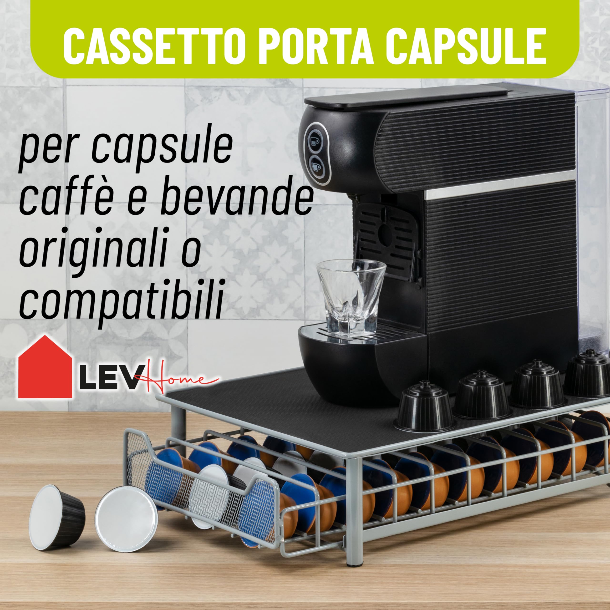 Porta Capsule Caffè - Cassetto Con Base Antiscivolo - Capacità 40 Capsule - Dimensioni 23x5x30 Cm - Nero - Foto 11