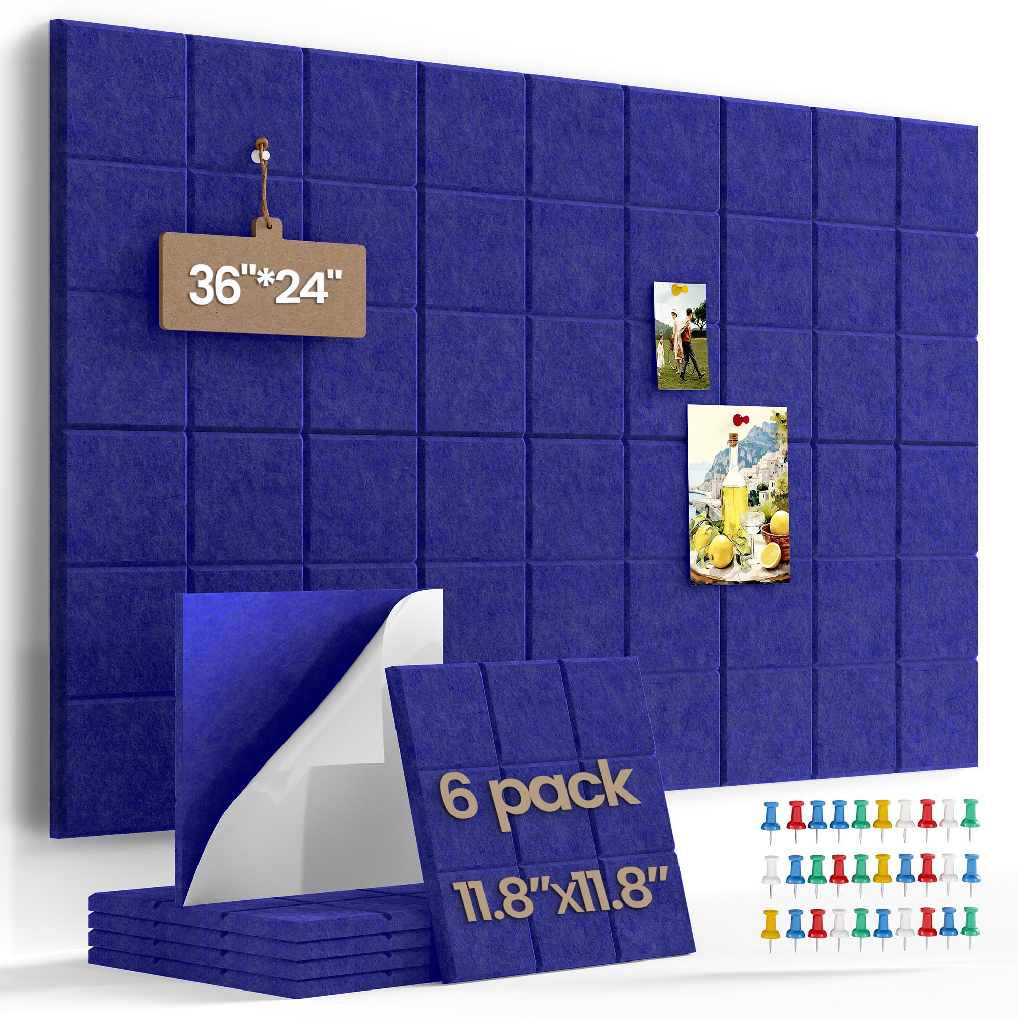 Uoisaiko Large Felt Board Tiles for Wall with 30 Push Pins, 11.8"x11.8" Pack of 6 Pin Board Notice Boards for Home Office Kitchen, Bulletin Board Wall