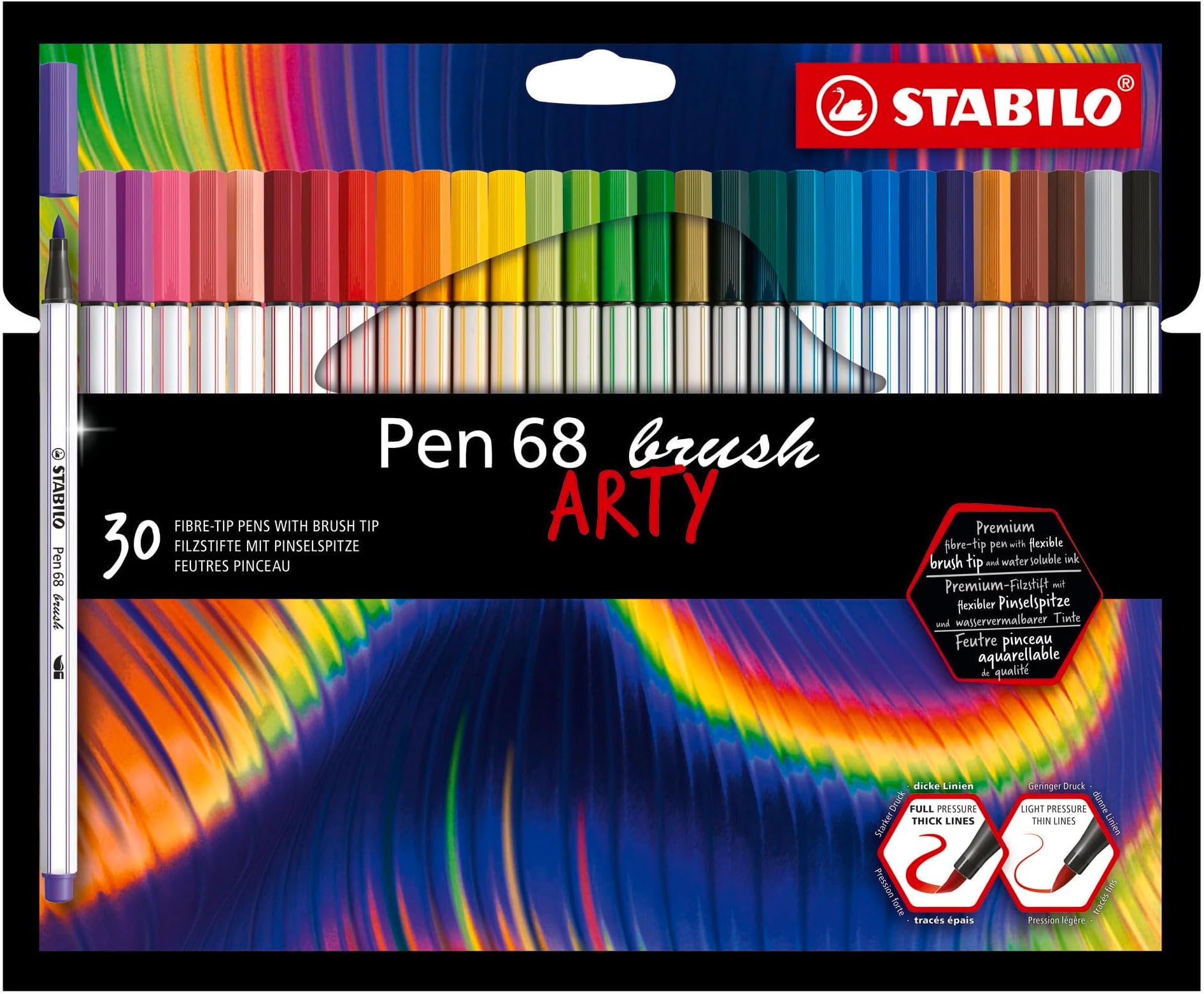 Pen 68 brush - Premium Fibre-Tip Pen with Brush Tip - ARTY - Pack of 30 - Assorted colors