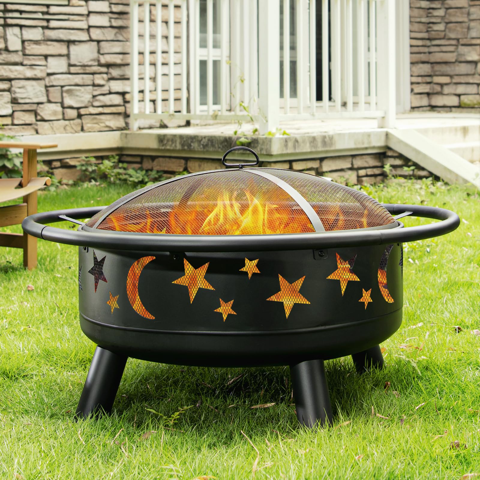 32 Inch Round Fire Pit with Mesh Cover, Fire Poker, Star and Moon Design, Metal Wood Burning Outdoor Firepit for Patio, Backyard, Garden, Bonfire Party,Perfect for Christmas, Thanksgiving, Halloween